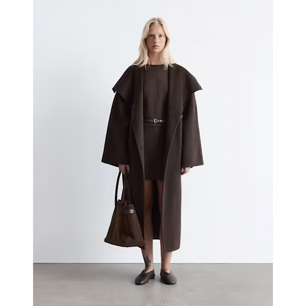 Wool Belted Maxi Coat With Funnel Neck in Brown.
