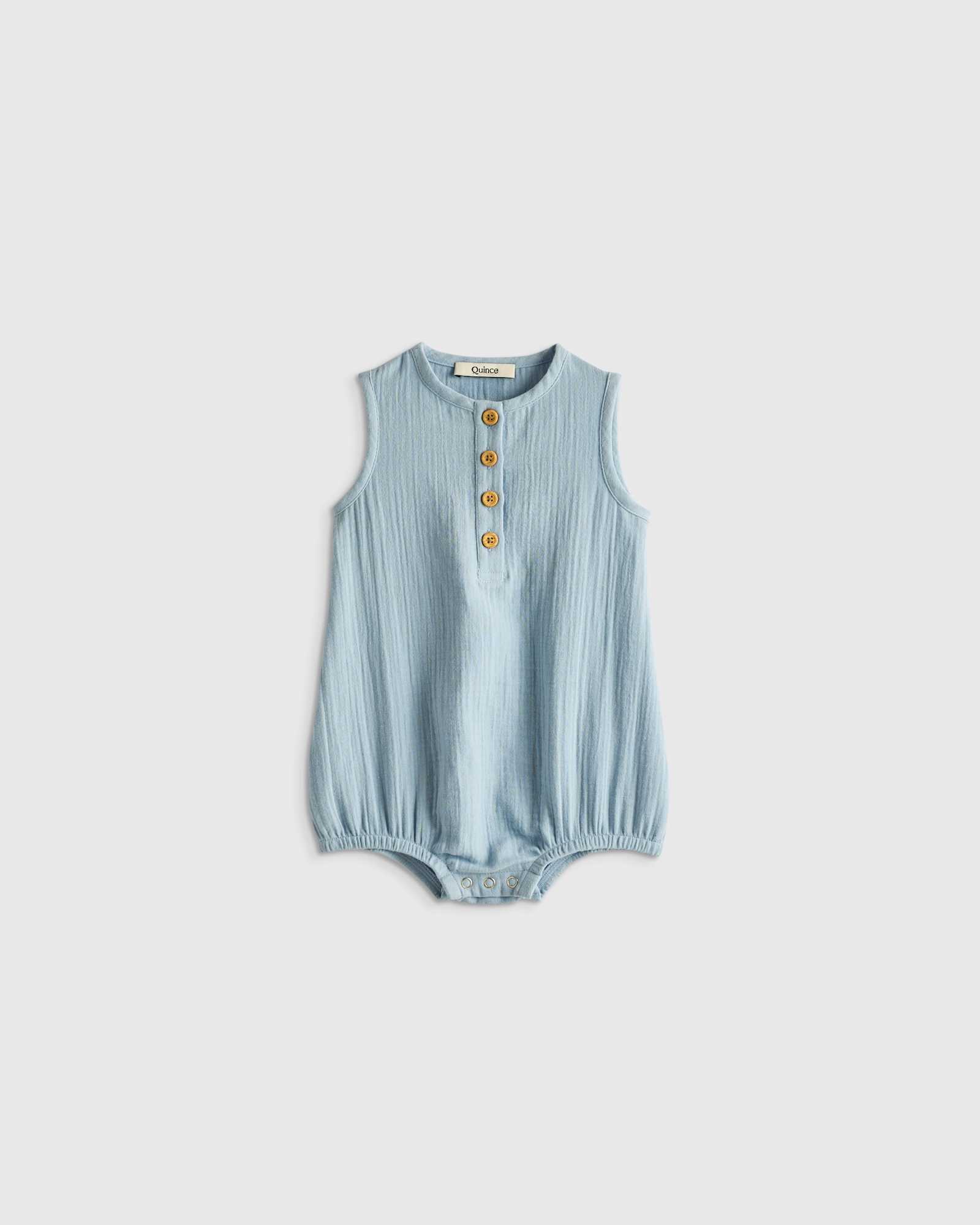 Quince Organic Cotton Gauze Bubble Romper in Ocean Breeze.