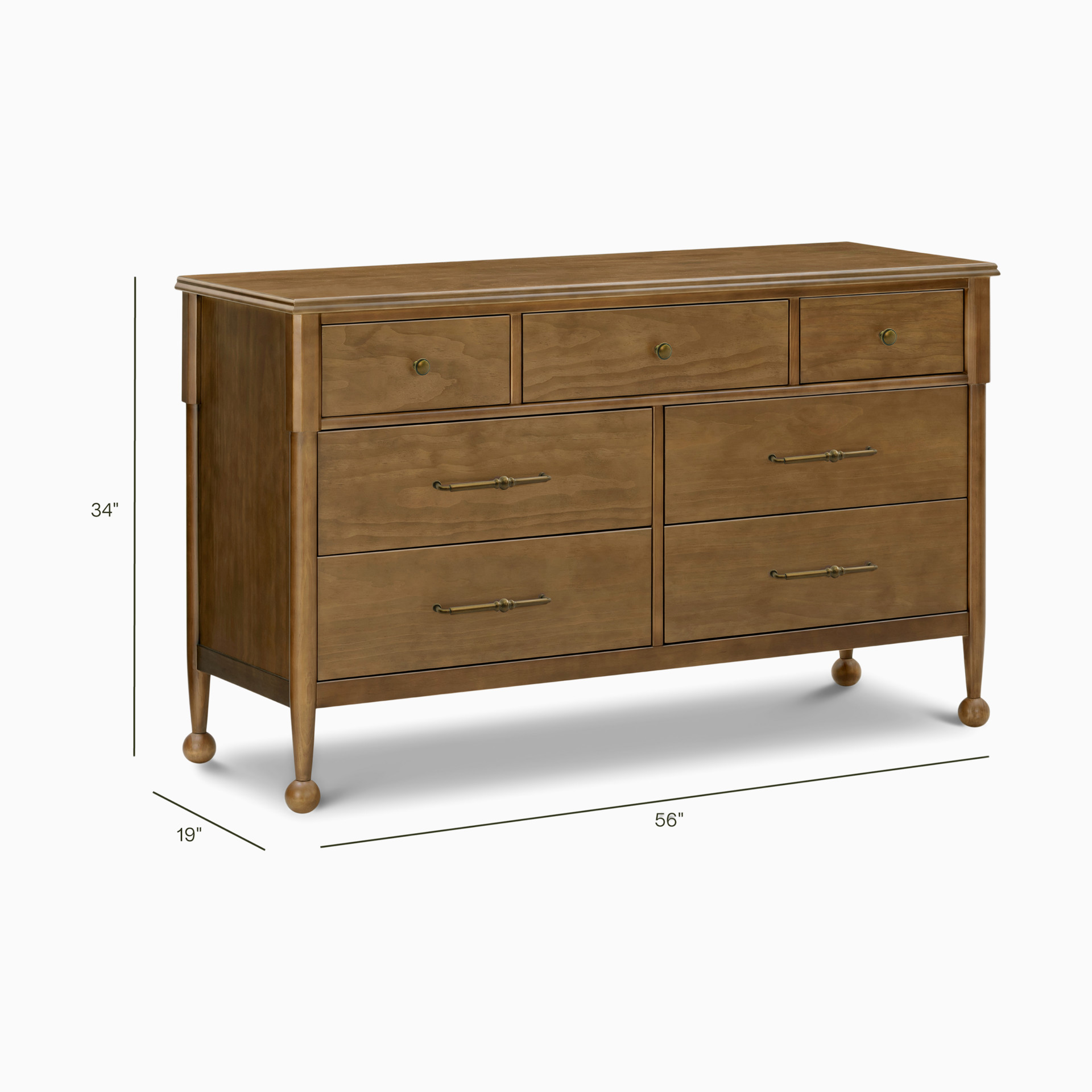 Natural walnut dresser with dimensions displayed.