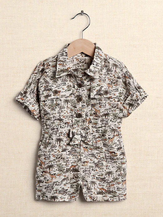 Baby Linen Safari Romper in Zoo Print  - $85.00.