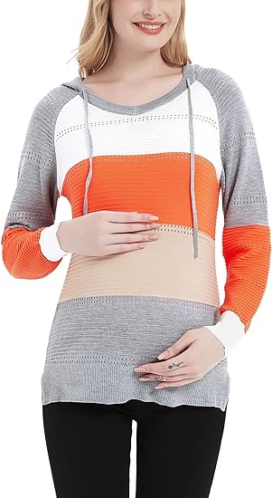Bhome Maternity  Hoodie Knit Sweatshirt Long Sleeve Pregnancy Sweater Color Block .