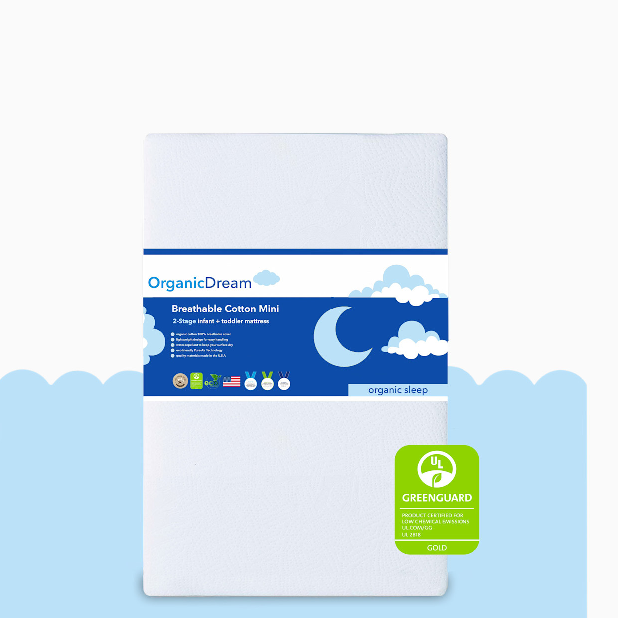 Organic Dream Breathable Cotton Mini 2-Stage Crib Mattress - White.
