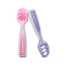 NumNum Baby Spoons Set, Baby Essentials Pre-Spoon GOOtensils for 6+ Months, First Stage Self-Feeding Spoons for Baby Led Weaning (BLW), Silicone Toddler Utensils, BPA-Free, 2 Pack Frosty Lilac/Rosebud
