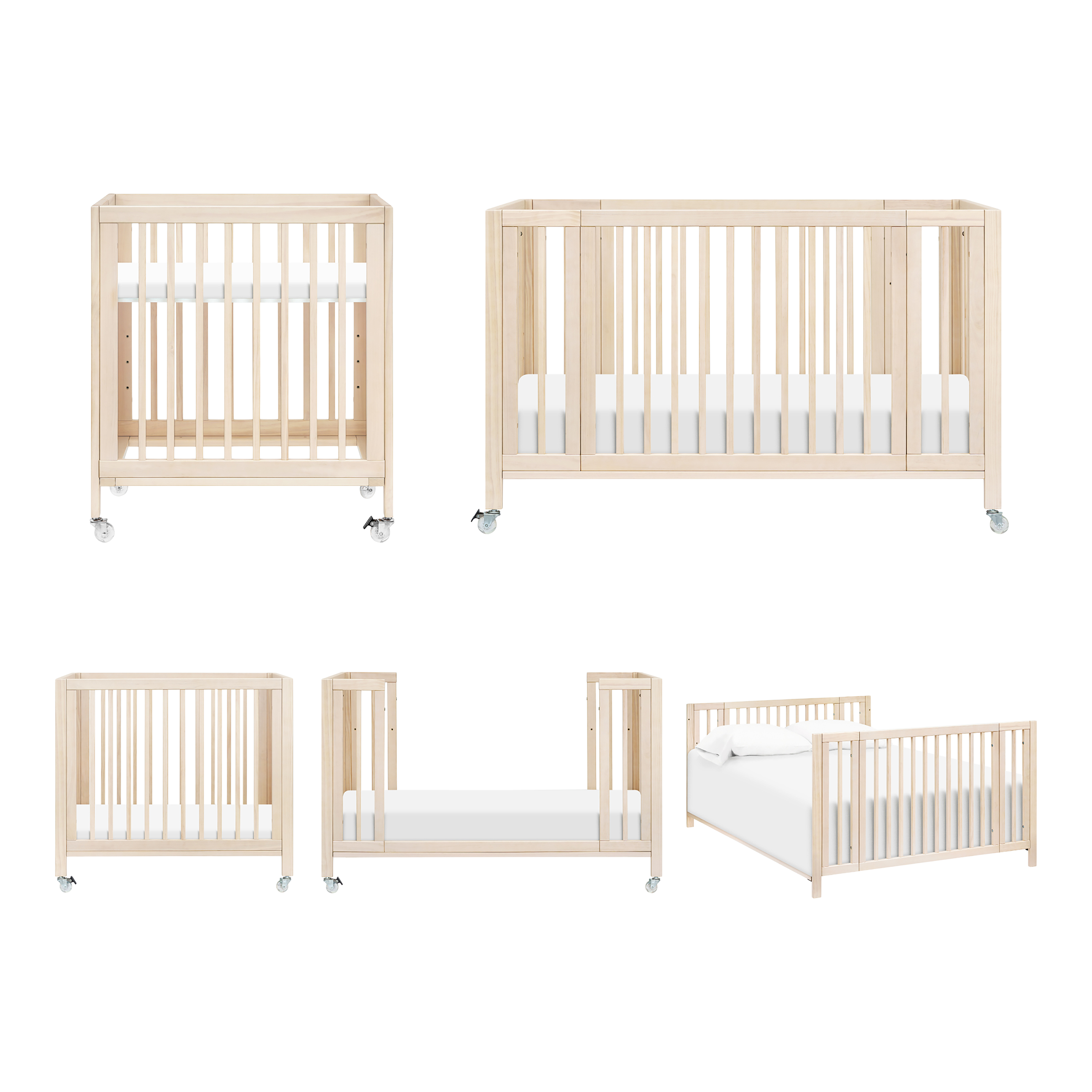 babyletto Rolli 9-in-1 Convertible All-Stages Crib with Bassinet & Toddler Bed Conversion Kits - Washed Natural.