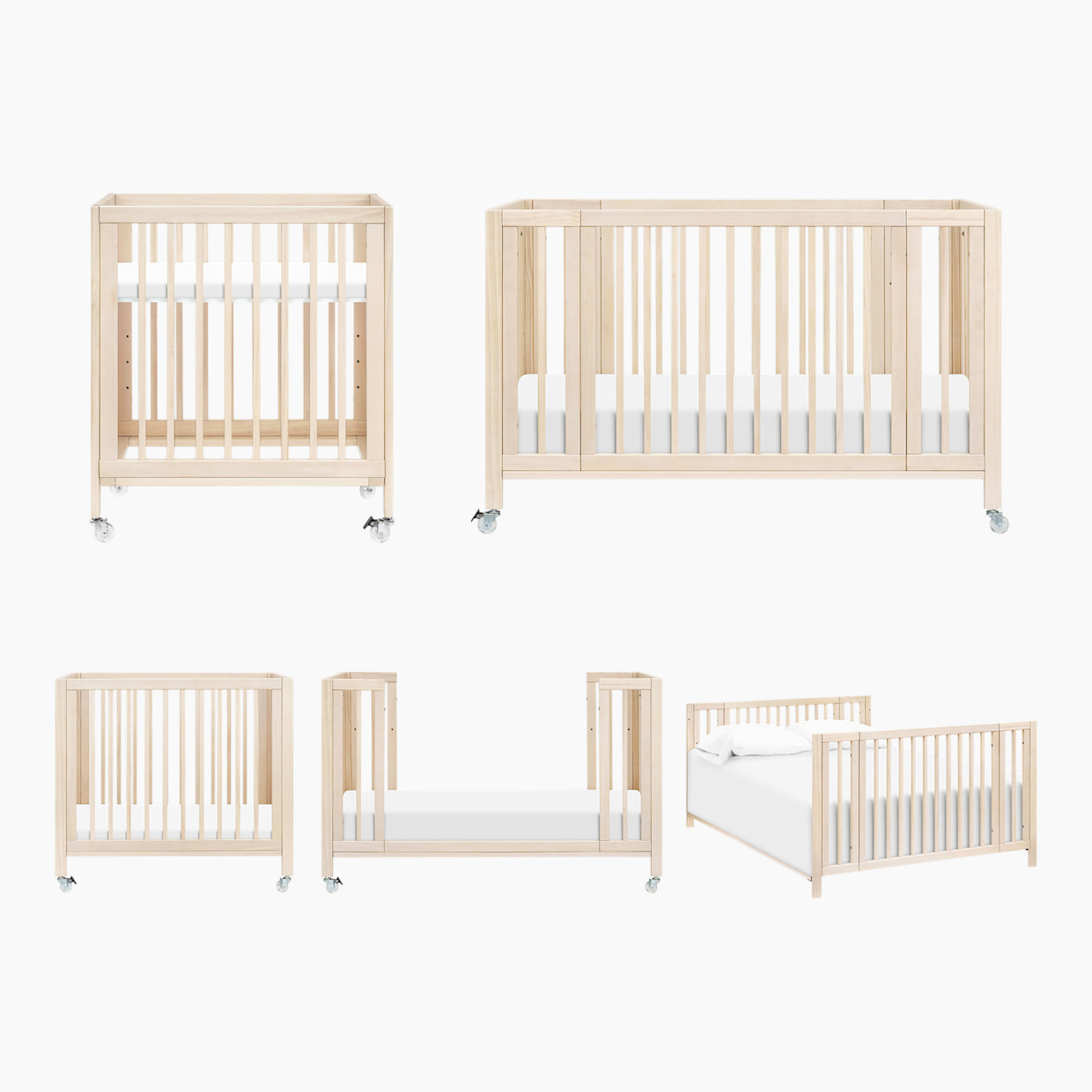 babyletto Rolli 9-in-1 Convertible All-Stages Crib with Bassinet & Toddler Bed Conversion Kits - Washed Natural.