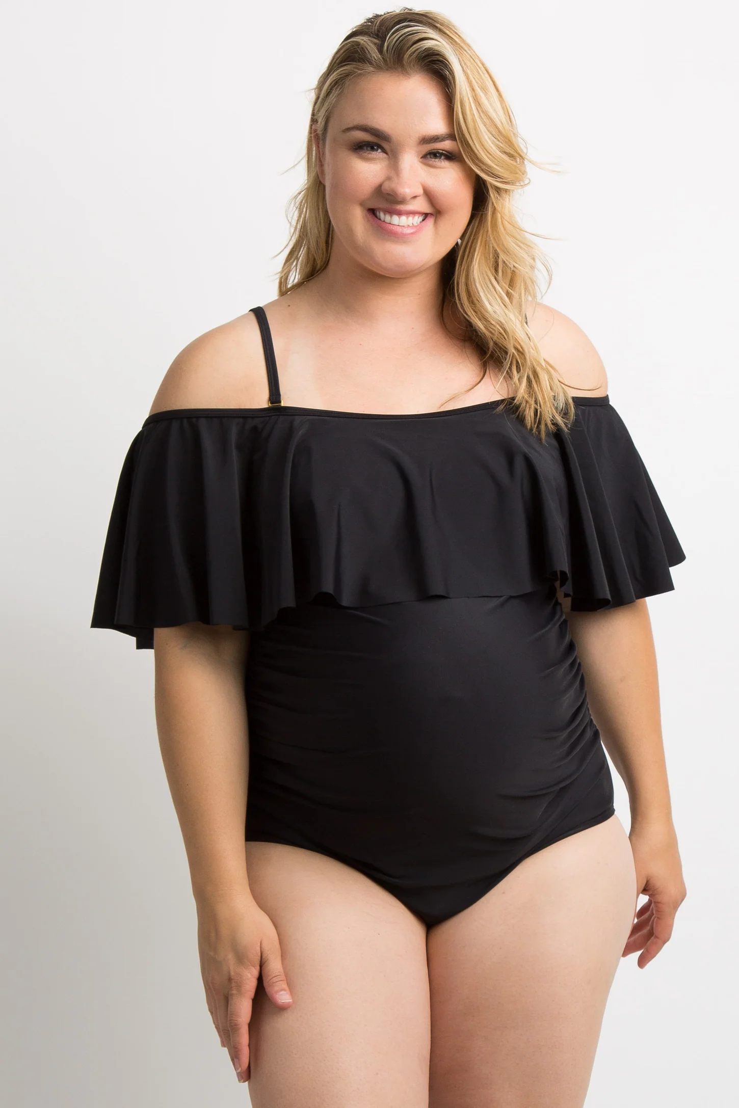 PinkBlush Black Ruffle Trim Ruched One-Piece Swimsuit.