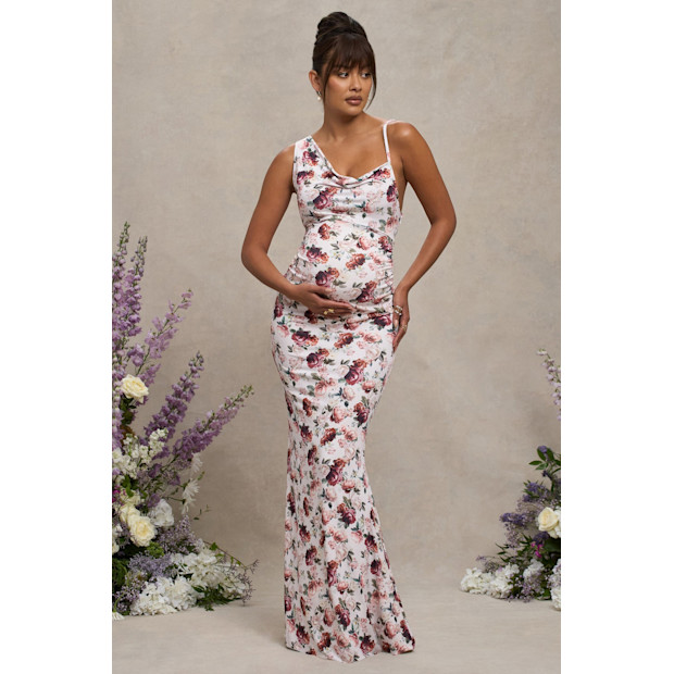 Club L London Phantasy White Floral Maternity Cowl Neck Maxi Dress.