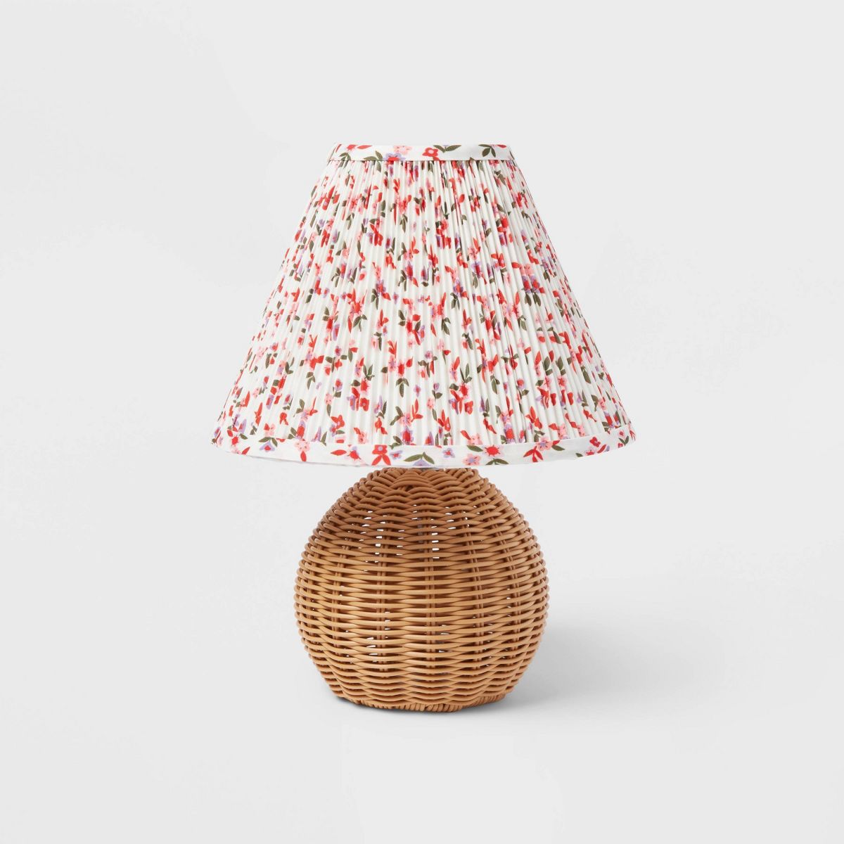 Round Faux Rattan Lamp with Pleated Floral Shade.