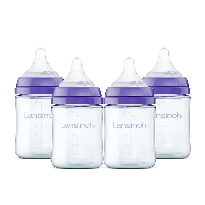 Lansinoh Anti-Colic Glass Baby Bottles, 5 Ounces, 4 Count, Includes 4 Extra Slow Flow Nipples (Size XS, Newborn), Baby Essentials