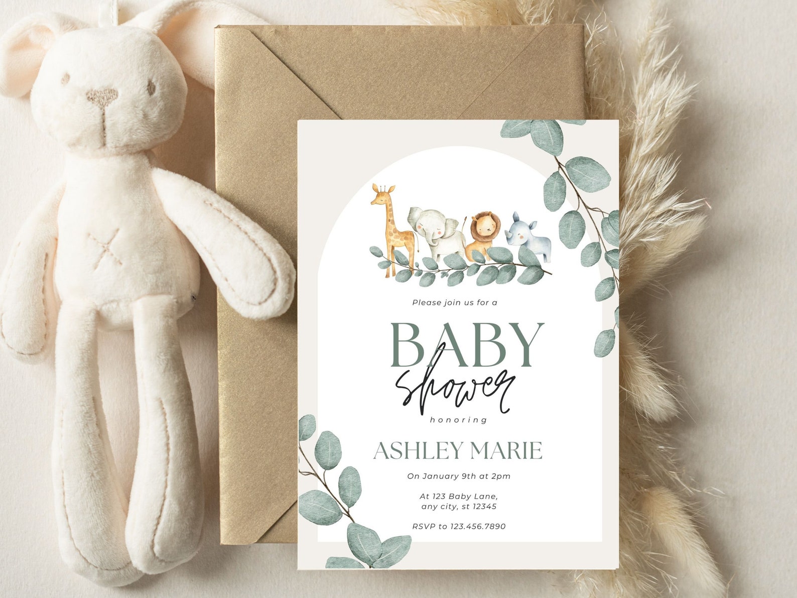 Jasmine Elizabeth Shop Animal Baby Shower Invitation.