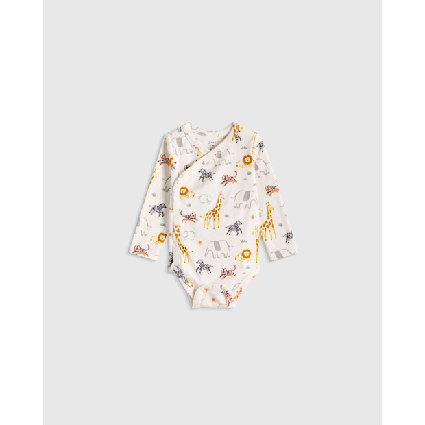 Quince 100% Organic Cotton Long Sleeve Kimono Bodysuit - Baby in Safari.