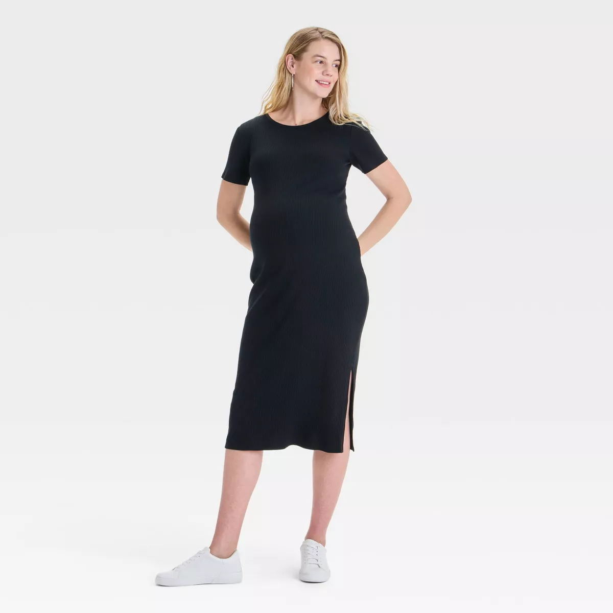 Short Sleeve Rib-Knit Midi Maternity Dress.