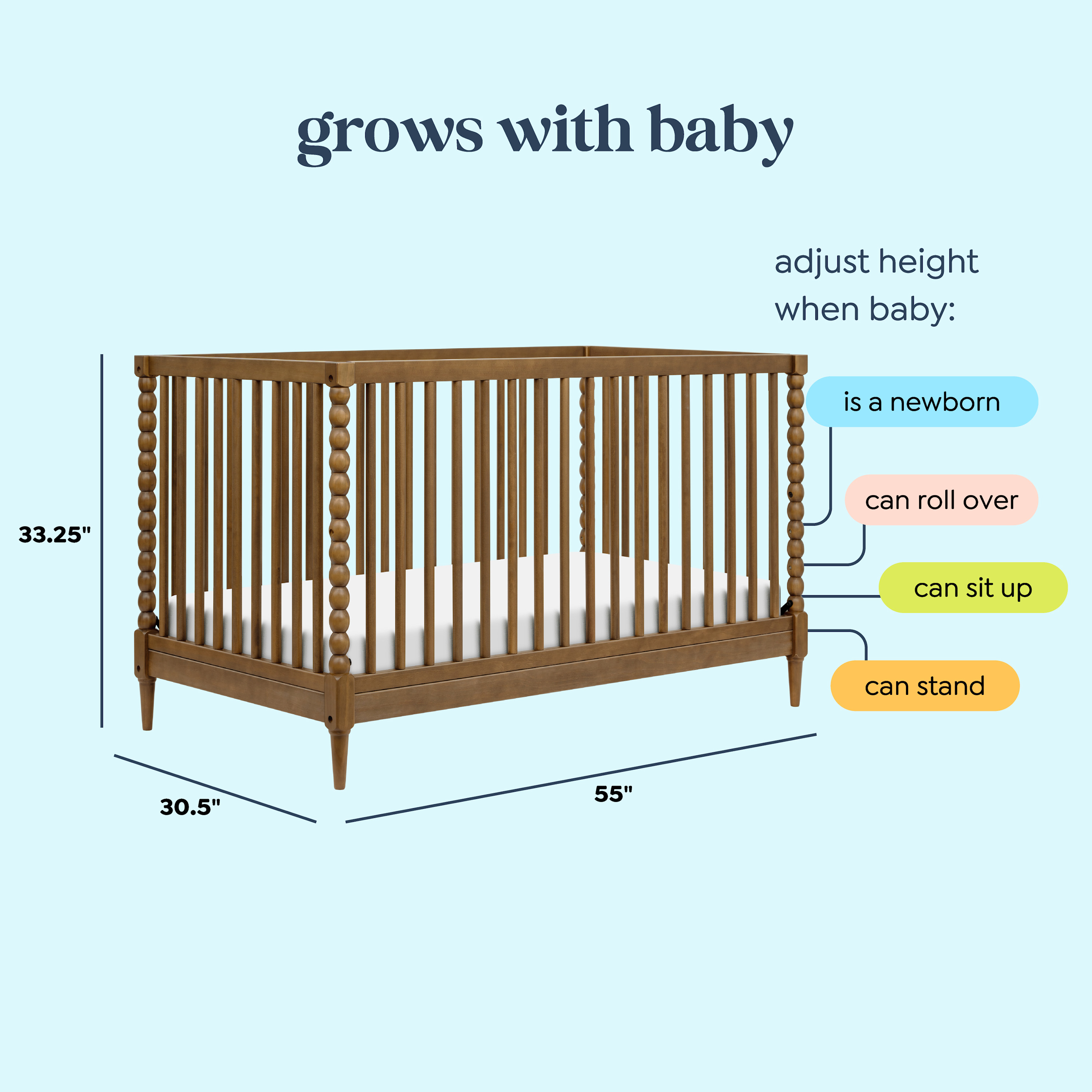 Diagram showing height adjustment features of the crib.