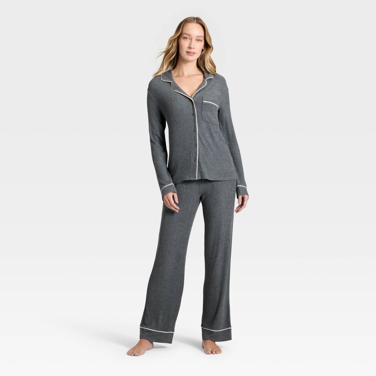 Cozy Ribbed Notch Collar Long Sleeve Shirt and Pants Pajama Set.