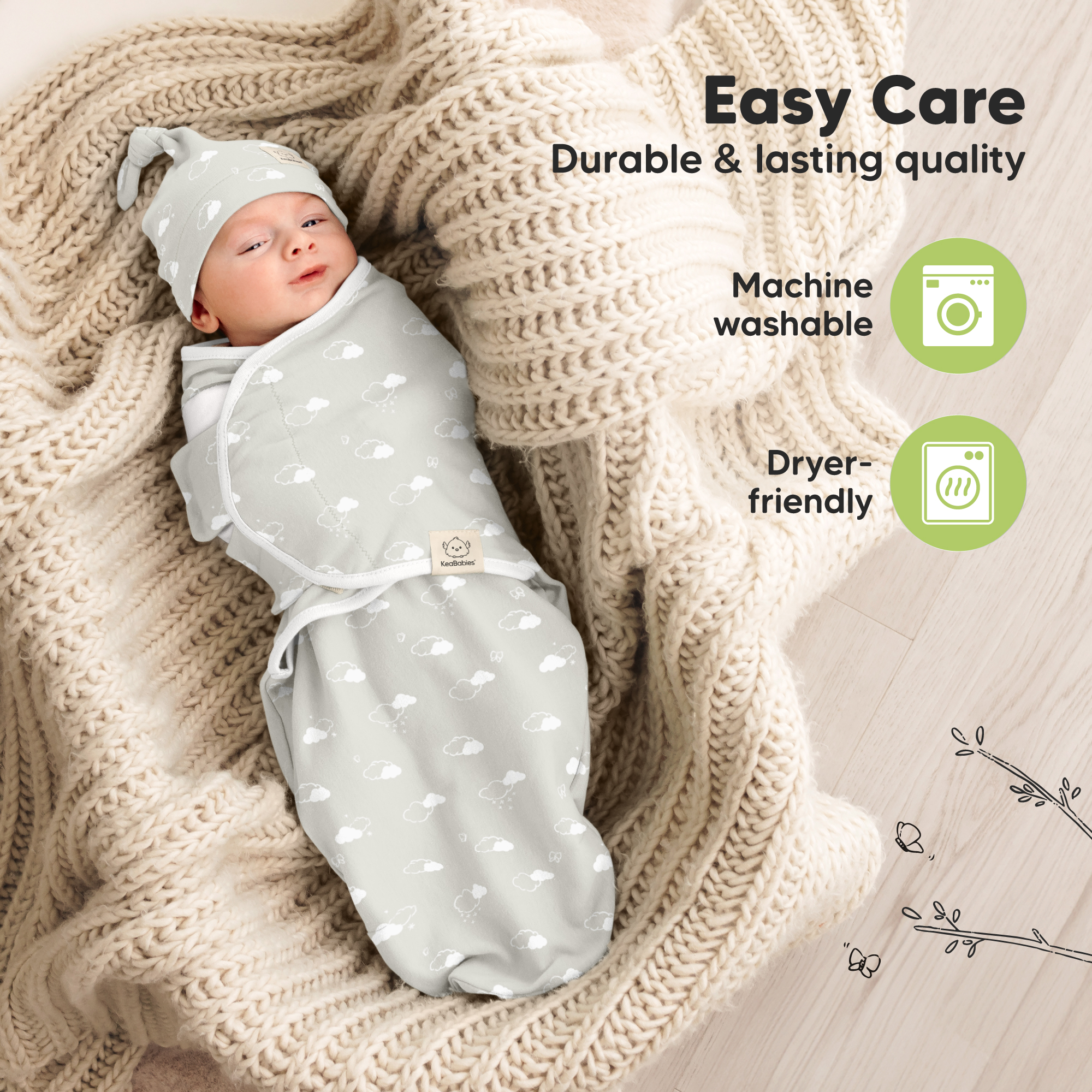 KeaBabies 3-Pack Soothe Swaddle Wraps with Knot Hats - Aspire.