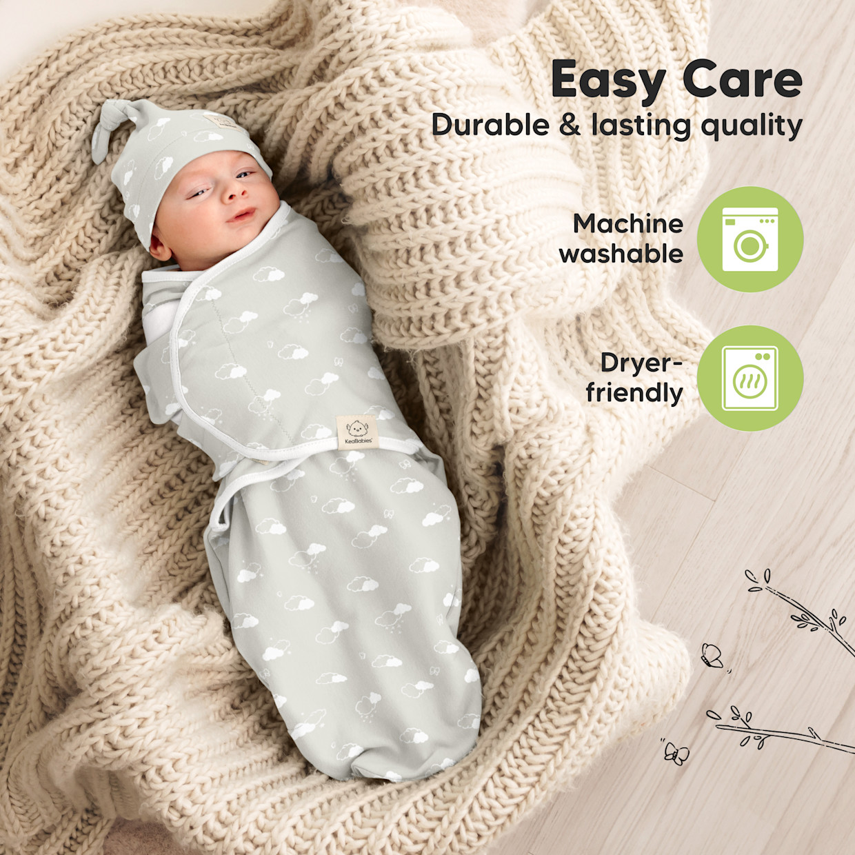 KeaBabies 3-Pack Soothe Swaddle Wraps with Knot Hats - Aspire.