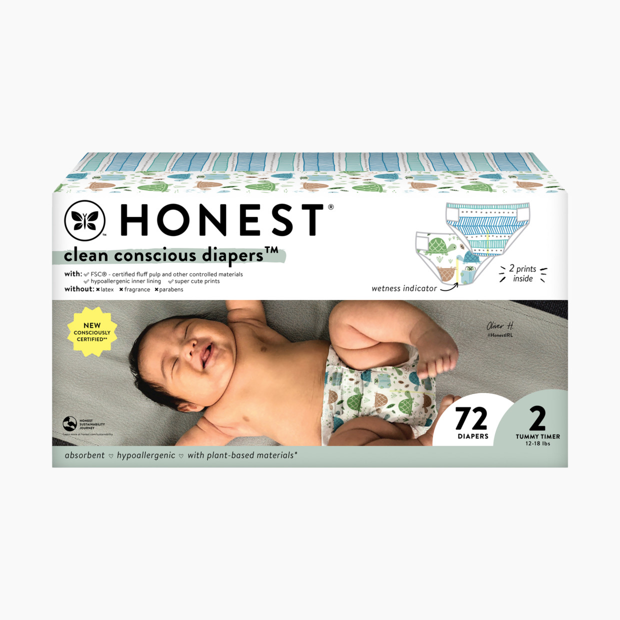 The Honest Company Clean Conscious Disposable Diapers - Turtle Time + Dots+Dashes, Size 2, 72 Count.