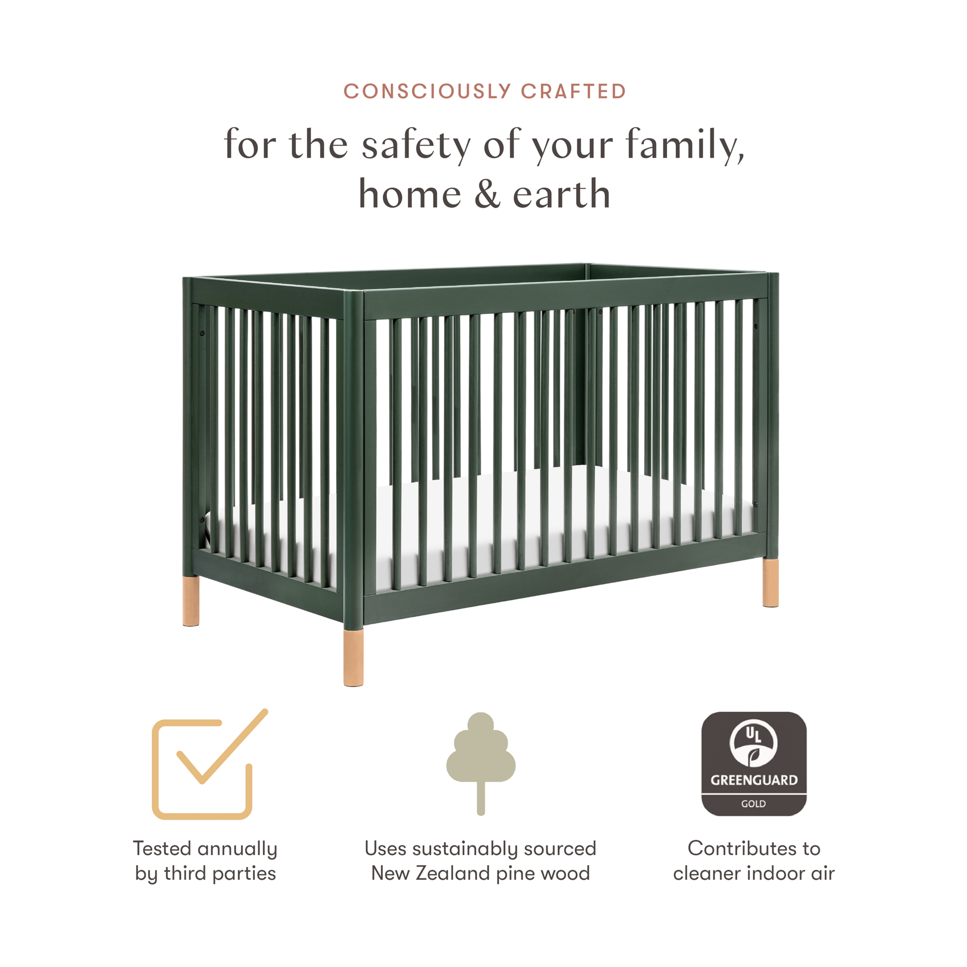 babyletto Gelato 4-in-1 Convertible Crib with Toddler Bed Conversion Kit - Forest Green With Vegan Blonde Leather Feet.