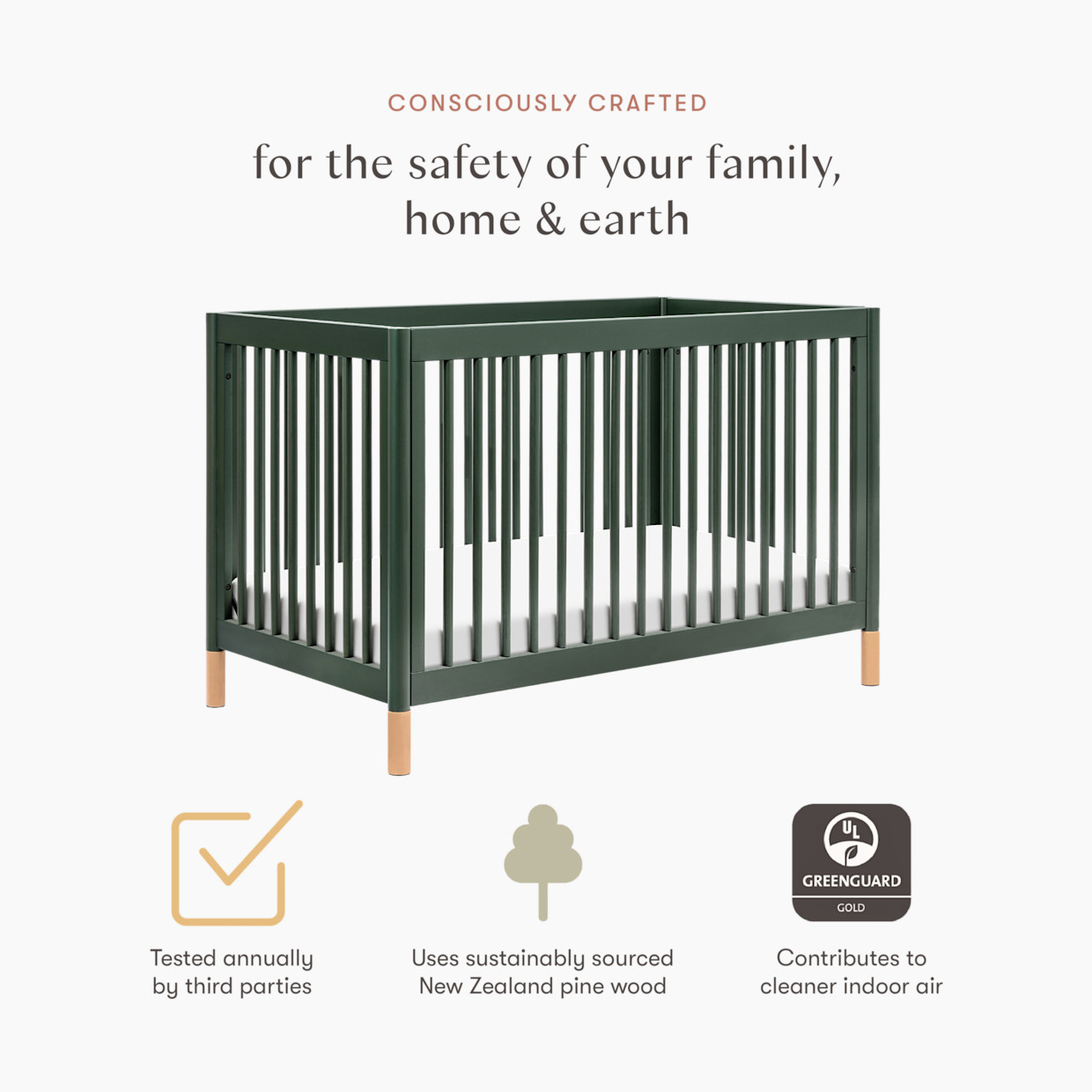 babyletto Gelato 4-in-1 Convertible Crib with Toddler Bed Conversion Kit - Forest Green With Vegan Blonde Leather Feet.