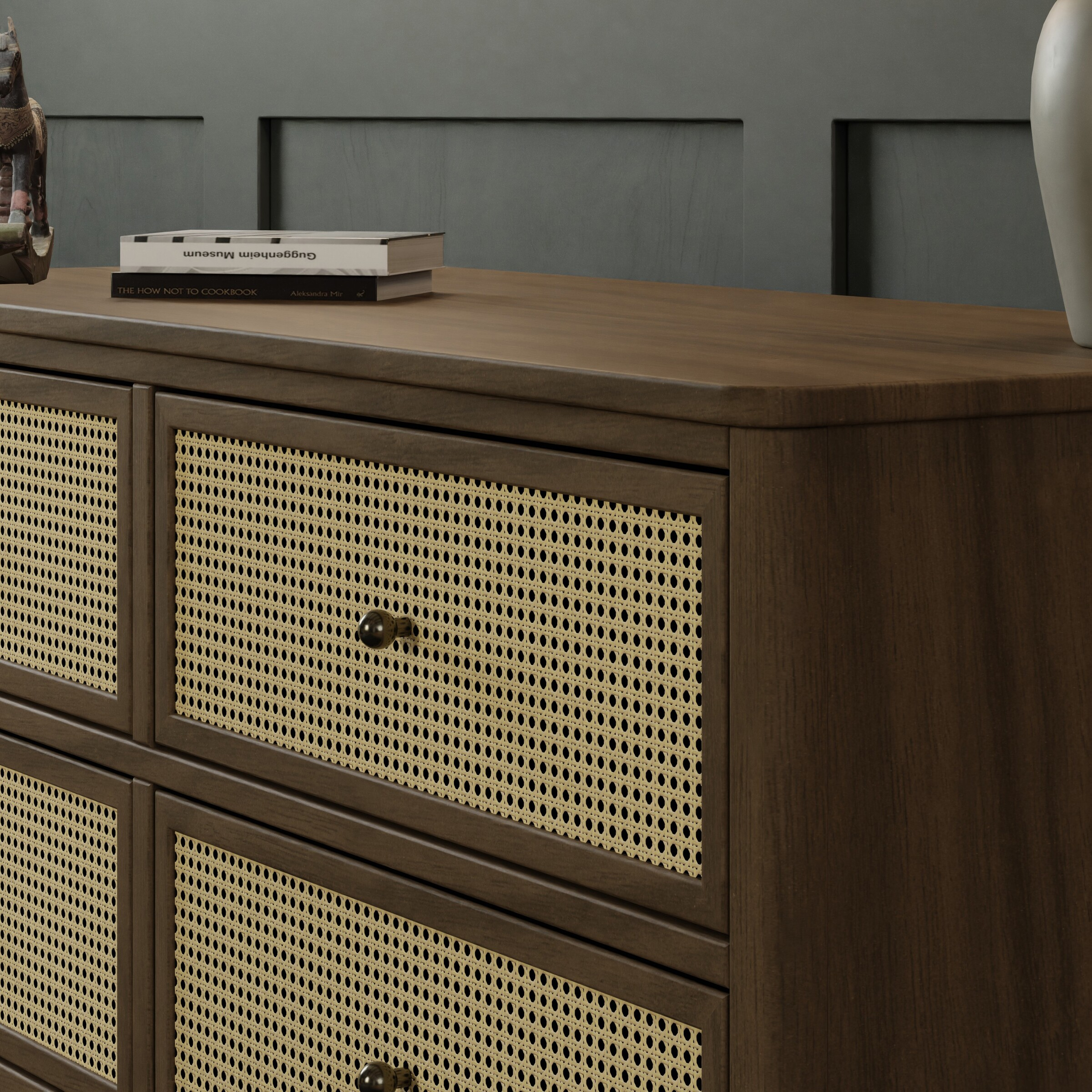 Namesake Marin 6 Drawer Dresser - Natural Walnut With Blonde Cane.