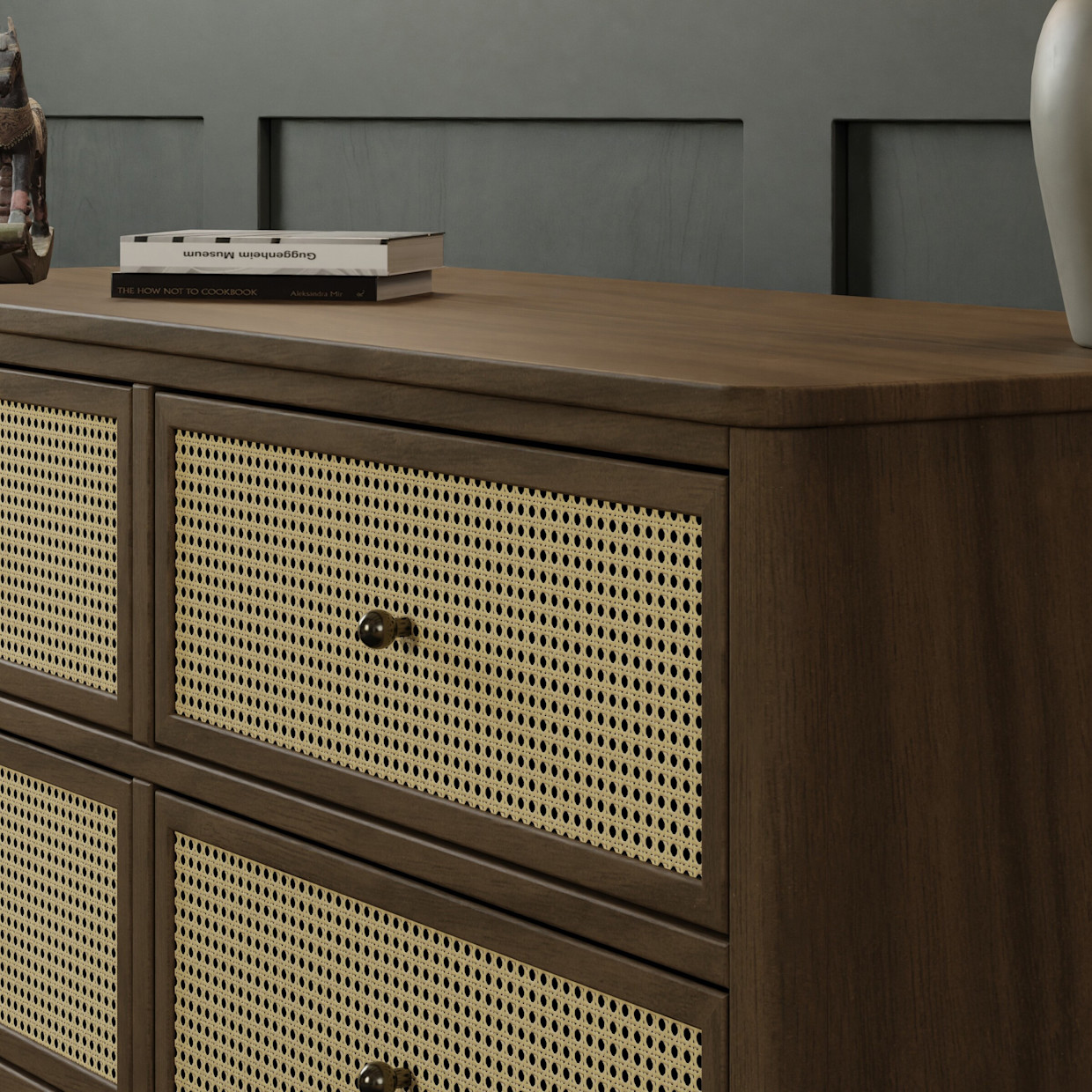 Namesake Marin 6 Drawer Dresser - Natural Walnut With Blonde Cane.