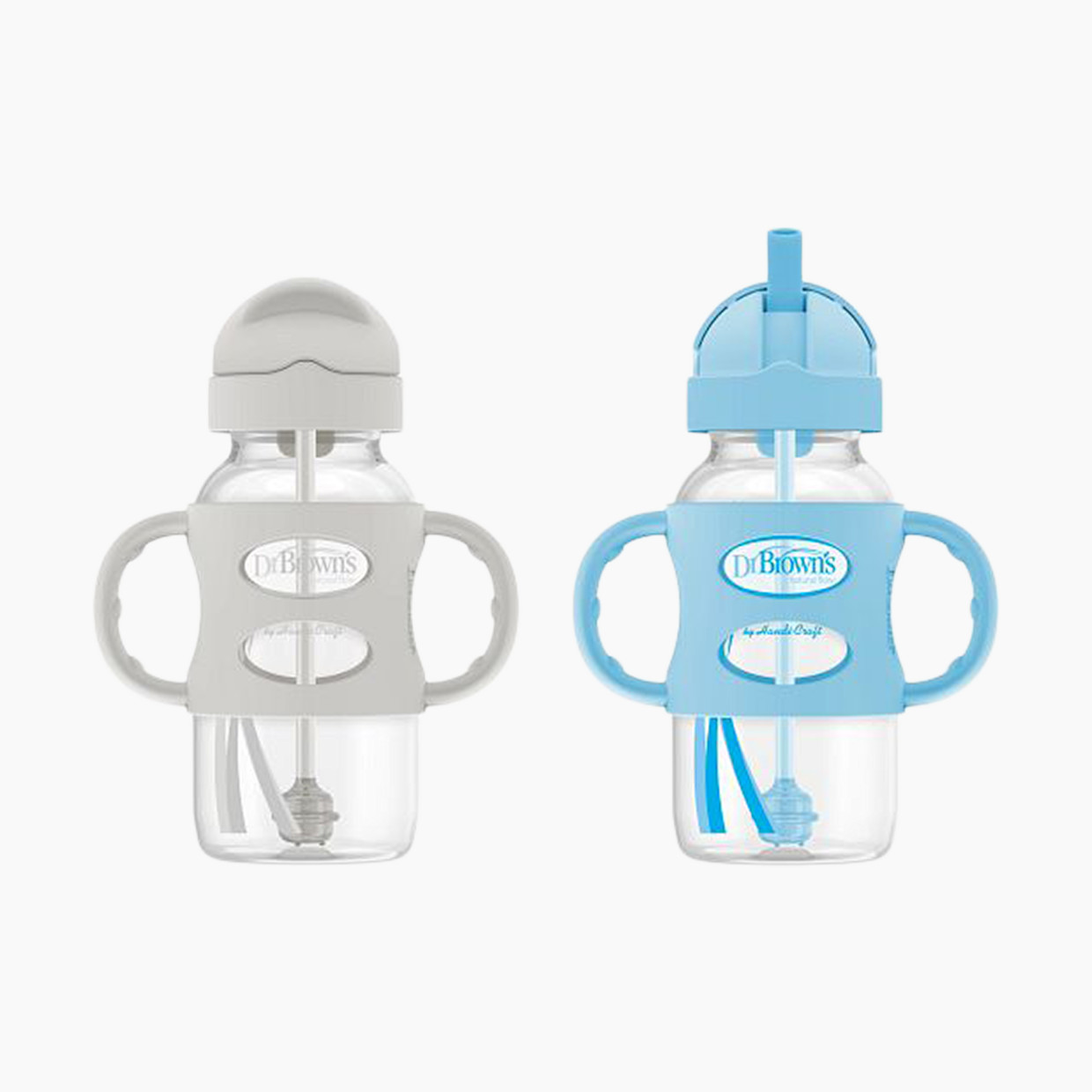 Dr. Brown's Wide-Neck Sippy Straw Bottle with Silicone Handles (2 Pack) - Gray & Blue, 9 Oz, 2.