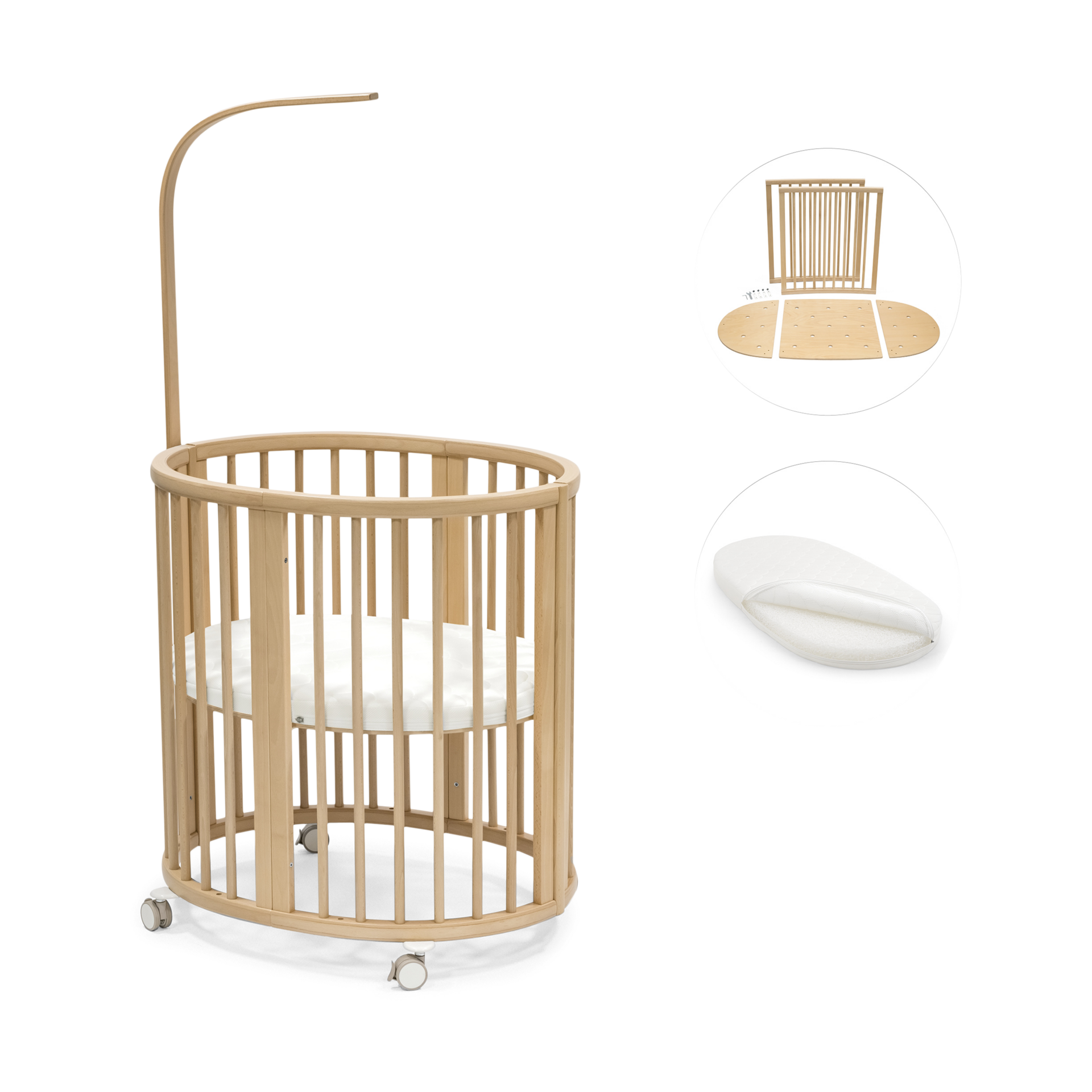 Stokke Sleepi3-in-1 Convertible Crib with Mattresses and Extension Kit.