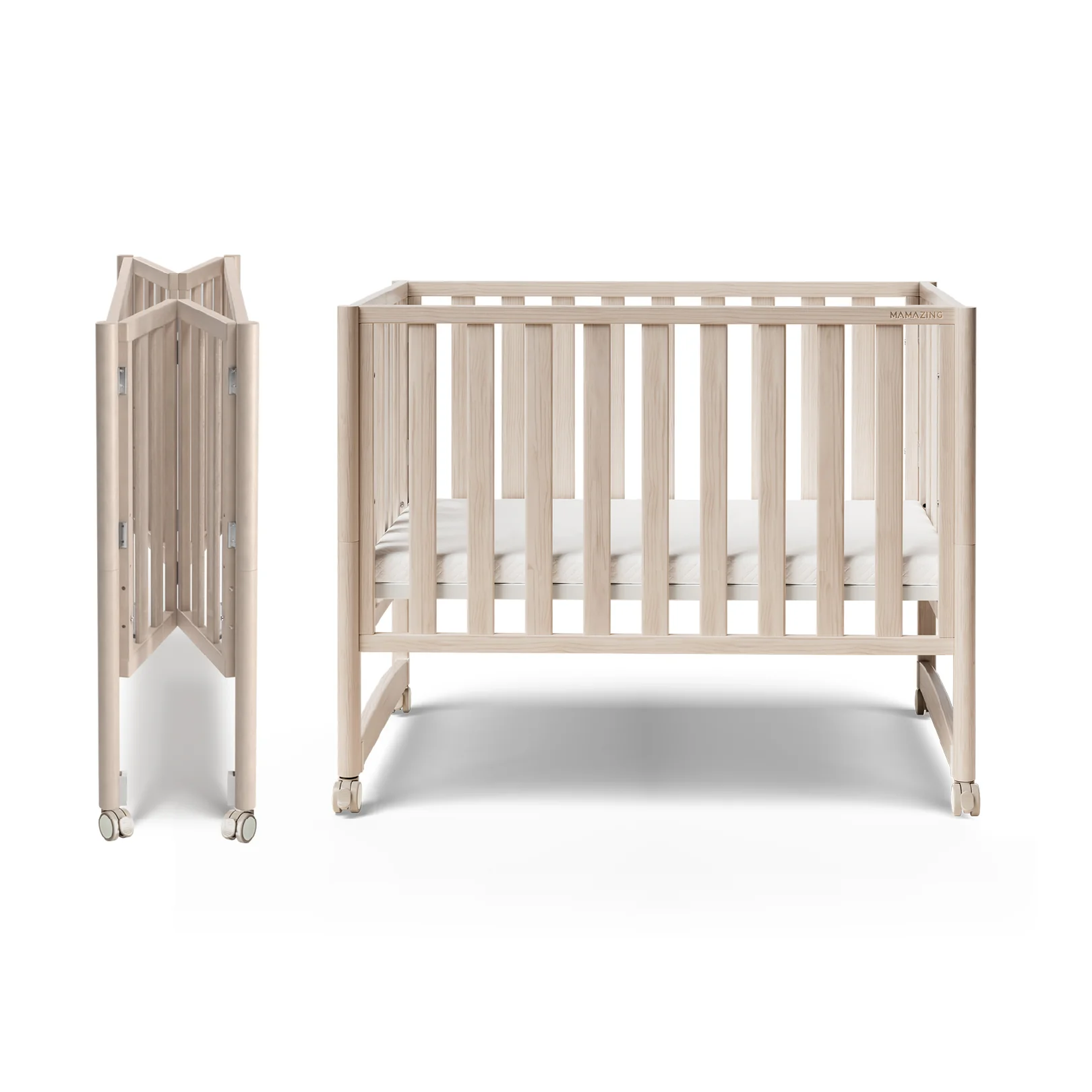 MAMAZING EvoNook 6-in-1 Convertible Mini Crib, 100% New Zealand Wood, 4 Adjustable Mattress Heights, Crib with Mattress,GREENGUARD Gold Certified, Washed Natural