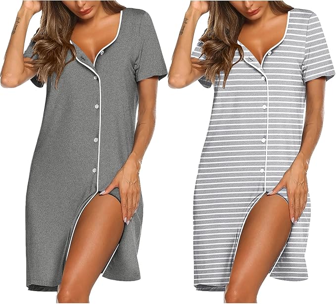 Ekouaer Short Sleeve V Neck Pajama Dress (2-Pack).