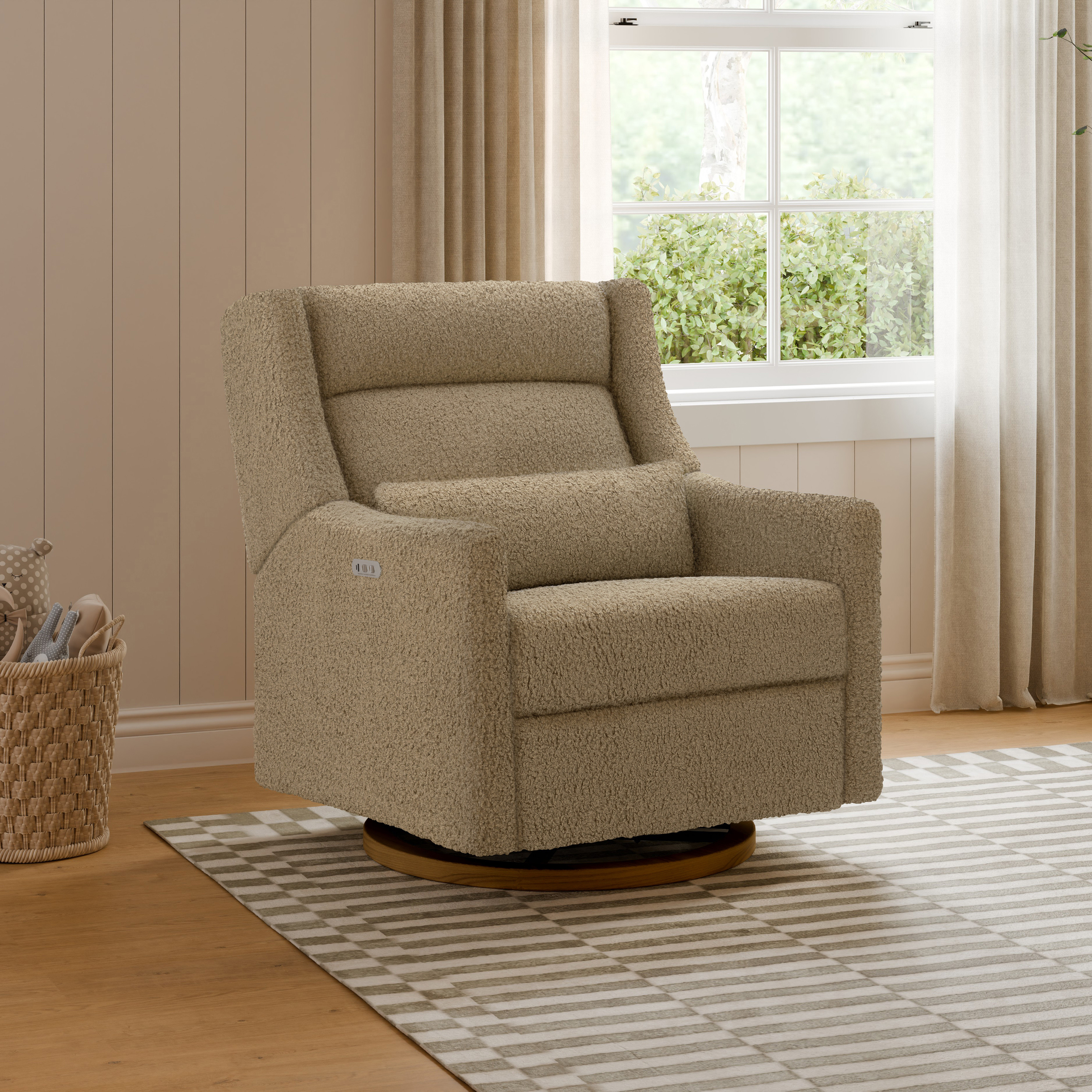 babyletto Kiwi Plus Chair and a Half Power Recliner and Swivel Glider - Latte Teddy Loop With Dark Wood Base.