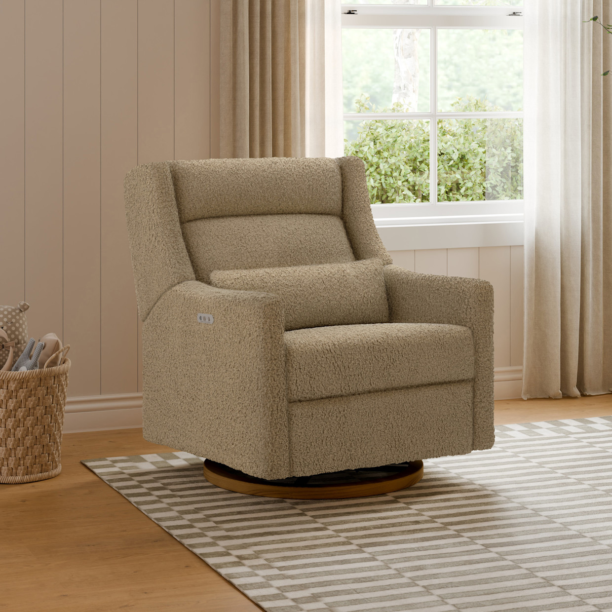 babyletto Kiwi Plus Chair and a Half Power Recliner and Swivel Glider - Latte Teddy Loop With Dark Wood Base.