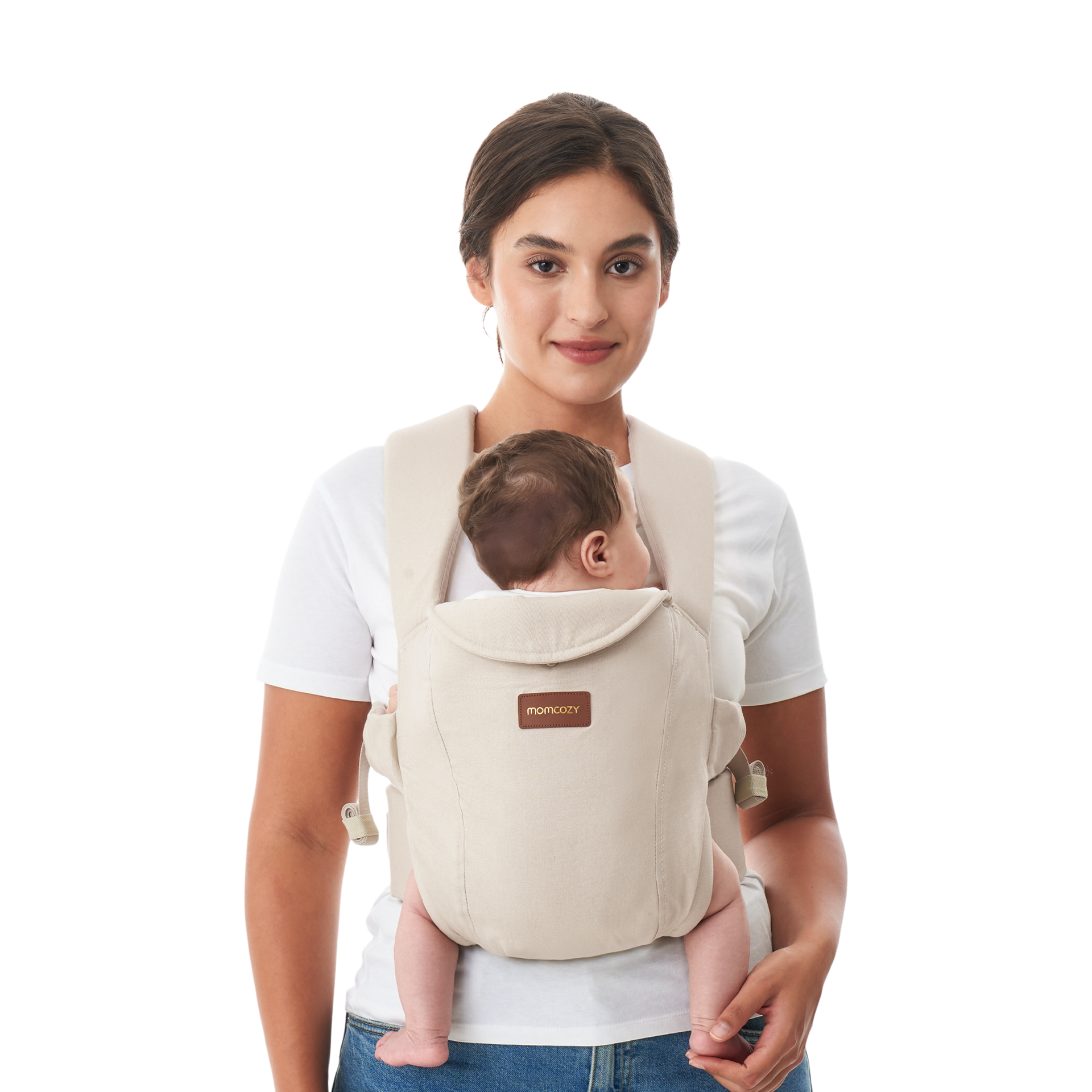 Momcozy Newborn Carrier WeeSnug- Lightweight and Cozy Comfort for 7-25 lbs, Ergonomic Cross-Back Support, Effortless to Put On, Hands-Free Baby Carrier with Lumbar Support, Khaki