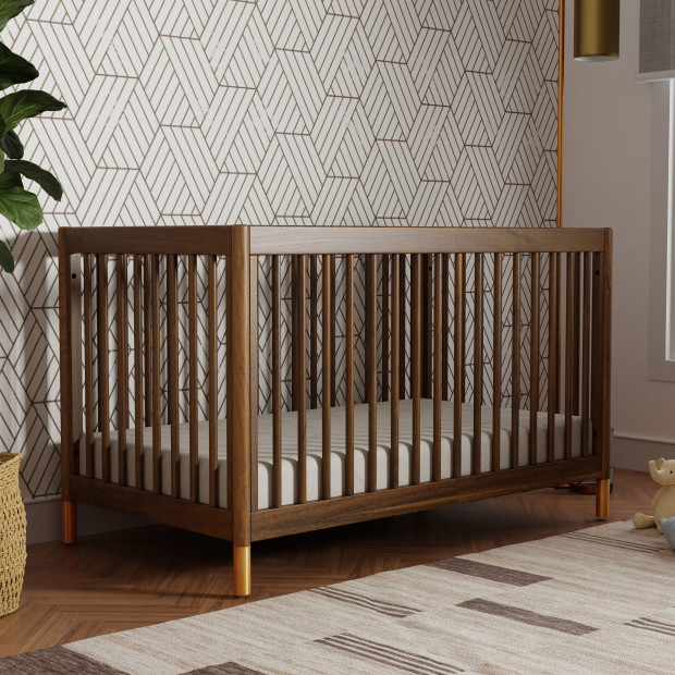babyletto Gelato 4-in-1 Convertible Crib with Toddler Bed Conversion Kit - Natural Walnut & Gold Feet.