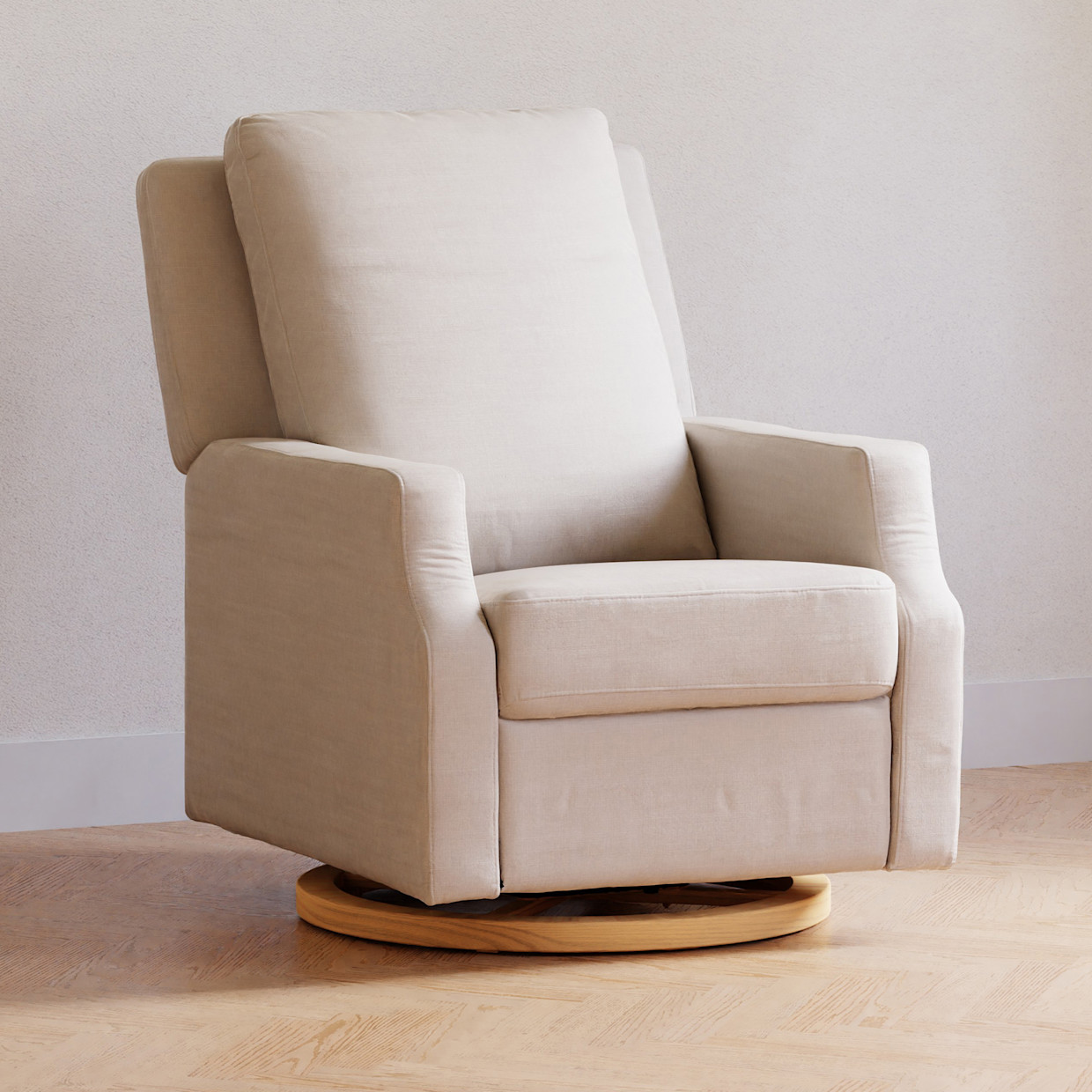 Namesake Crewe Electronic Recliner and Swivel Glider - Performance Cream Eco-Weave With Light Wood Base.