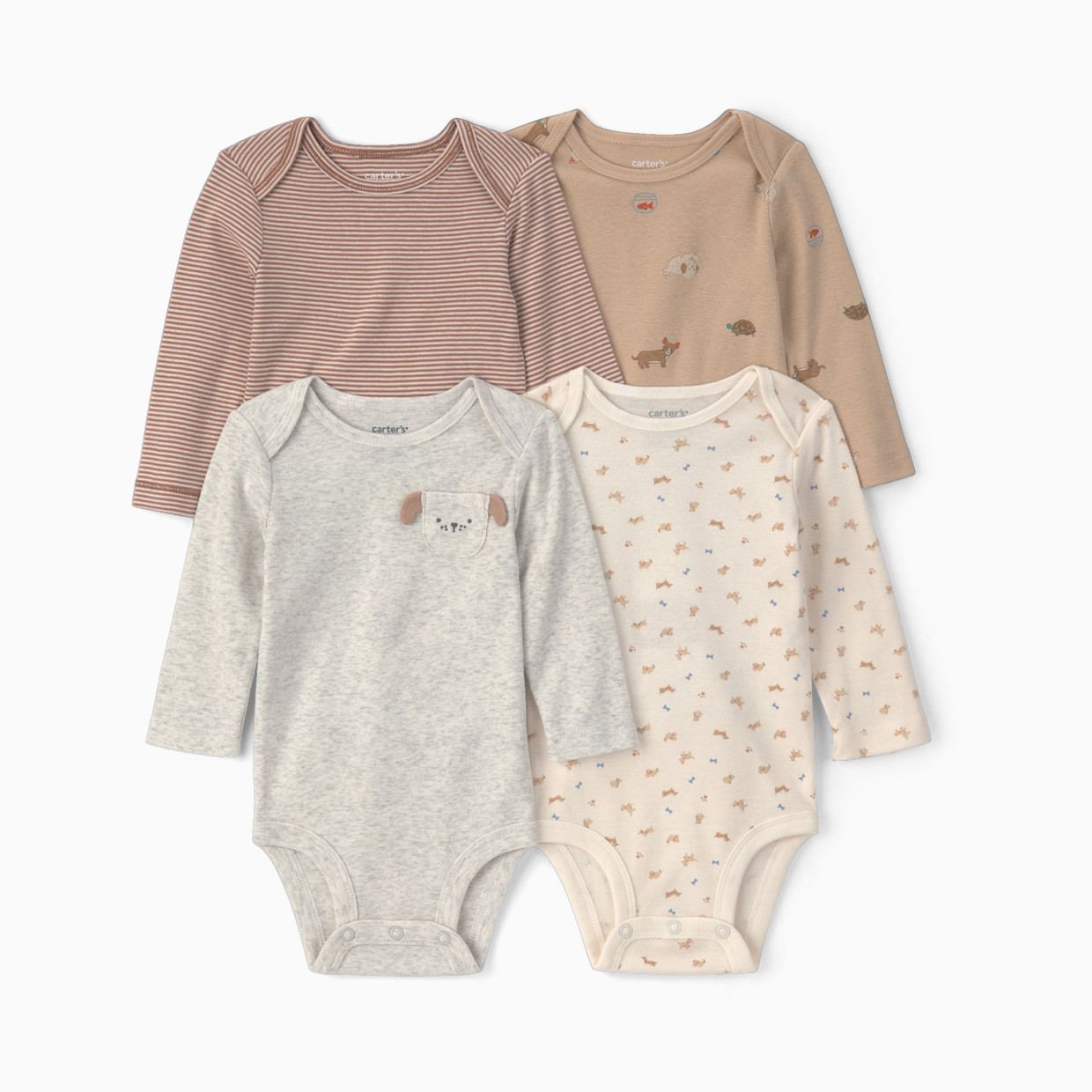 Carter's Long-Sleeve Bodysuits (4 Pack) - Brown/Gray/Ivory Dogs, 6M.