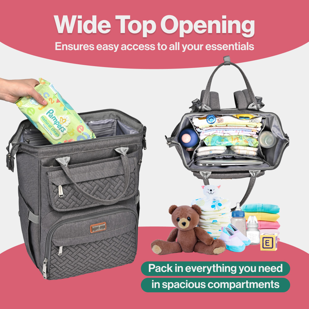 Babbleroo WideTop Diaper Bag Backpack - Dark Grey.