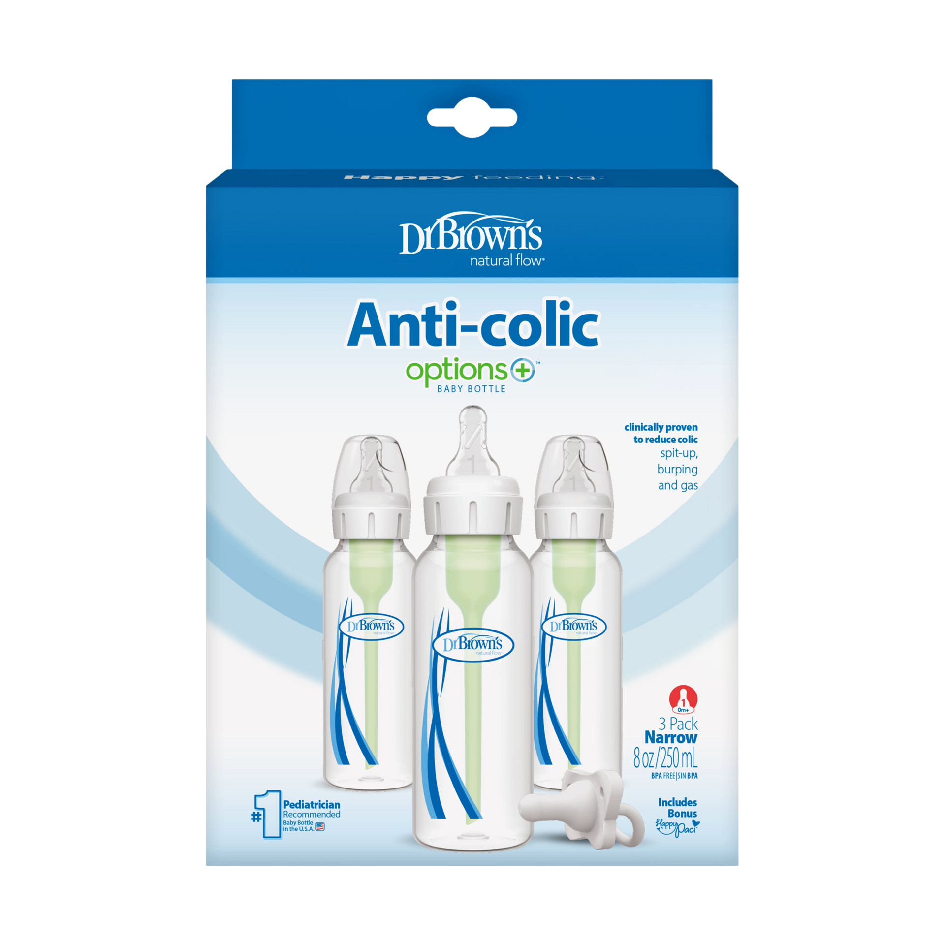 Dr. Brown's Options+ Narrow Anti-Colic Baby Bottles + Happy Paci Set (3 Pack) - Clear/White, 8 Oz, 0 -Up Months.