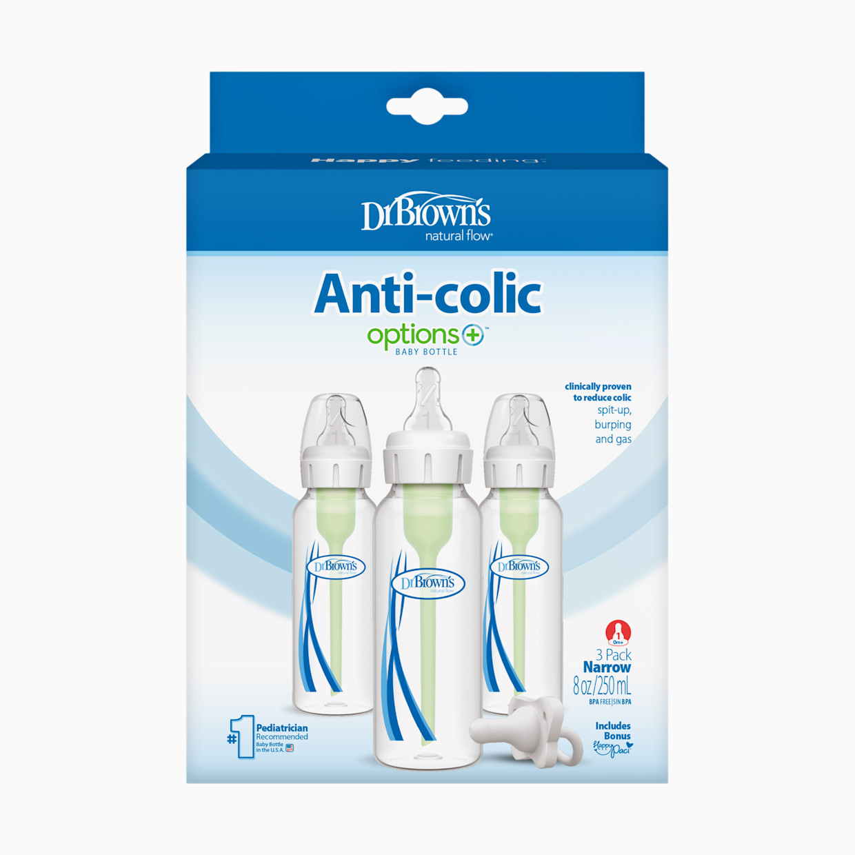 Dr. Brown's Options+ Narrow Anti-Colic Baby Bottles + Happy Paci Set (3 Pack) - Clear/White, 8 Oz, 0 -Up Months.