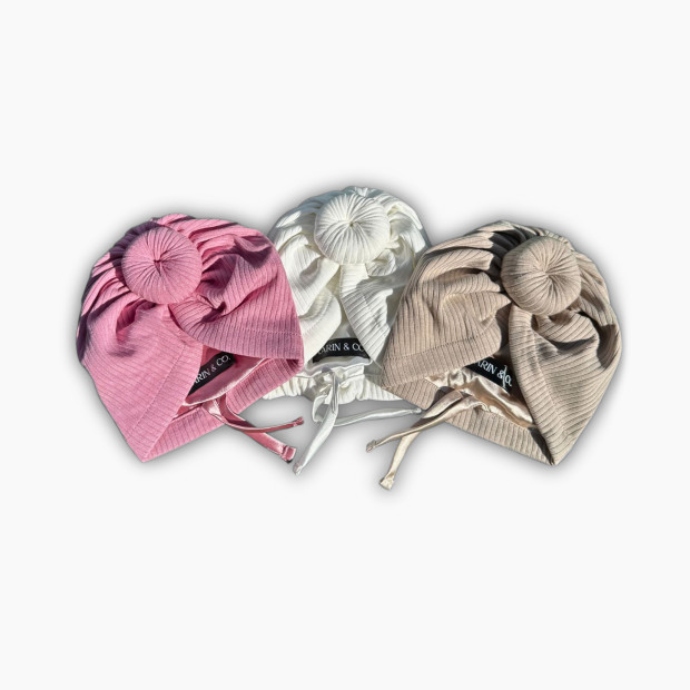Aarin & Co. Newborn Satin Lined Adjustable Turban Gift Set - Mauve, White, Oat, 0-3 M.