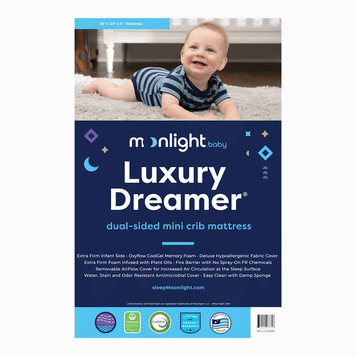 Moonlight Slumber Mini Crib Size Luxury Dreamer Mattress - White.