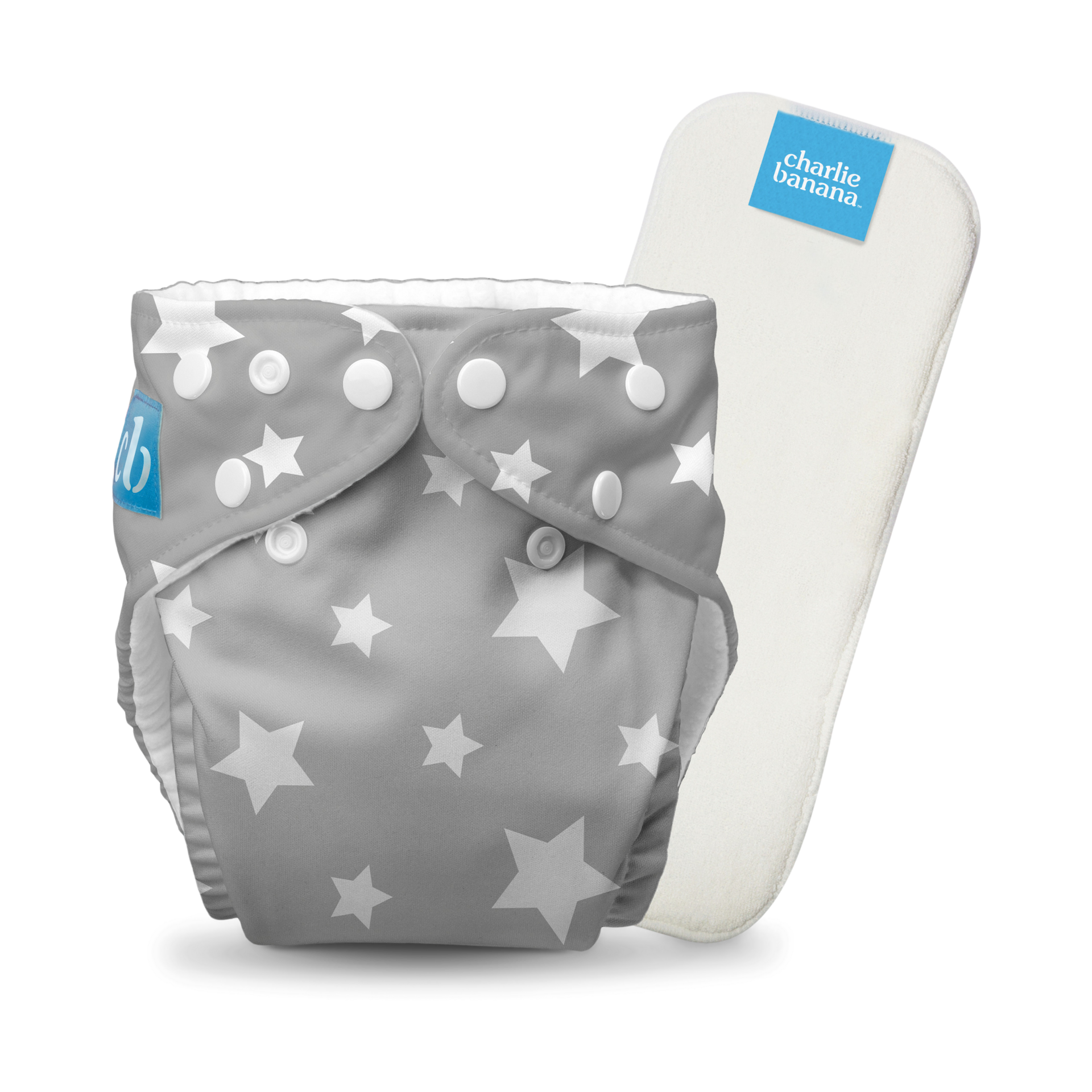 Charlie Banana One-size Reusable Cloth Diaper(1 Diaper and 1 Reusable Insert) - Twinkle Little Star White On Grey, One Size.