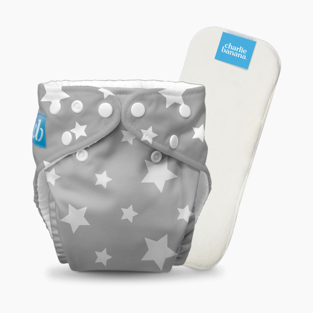Charlie Banana One-size Reusable Cloth Diaper(1 Diaper and 1 Reusable Insert) - Twinkle Little Star White On Grey, One Size.