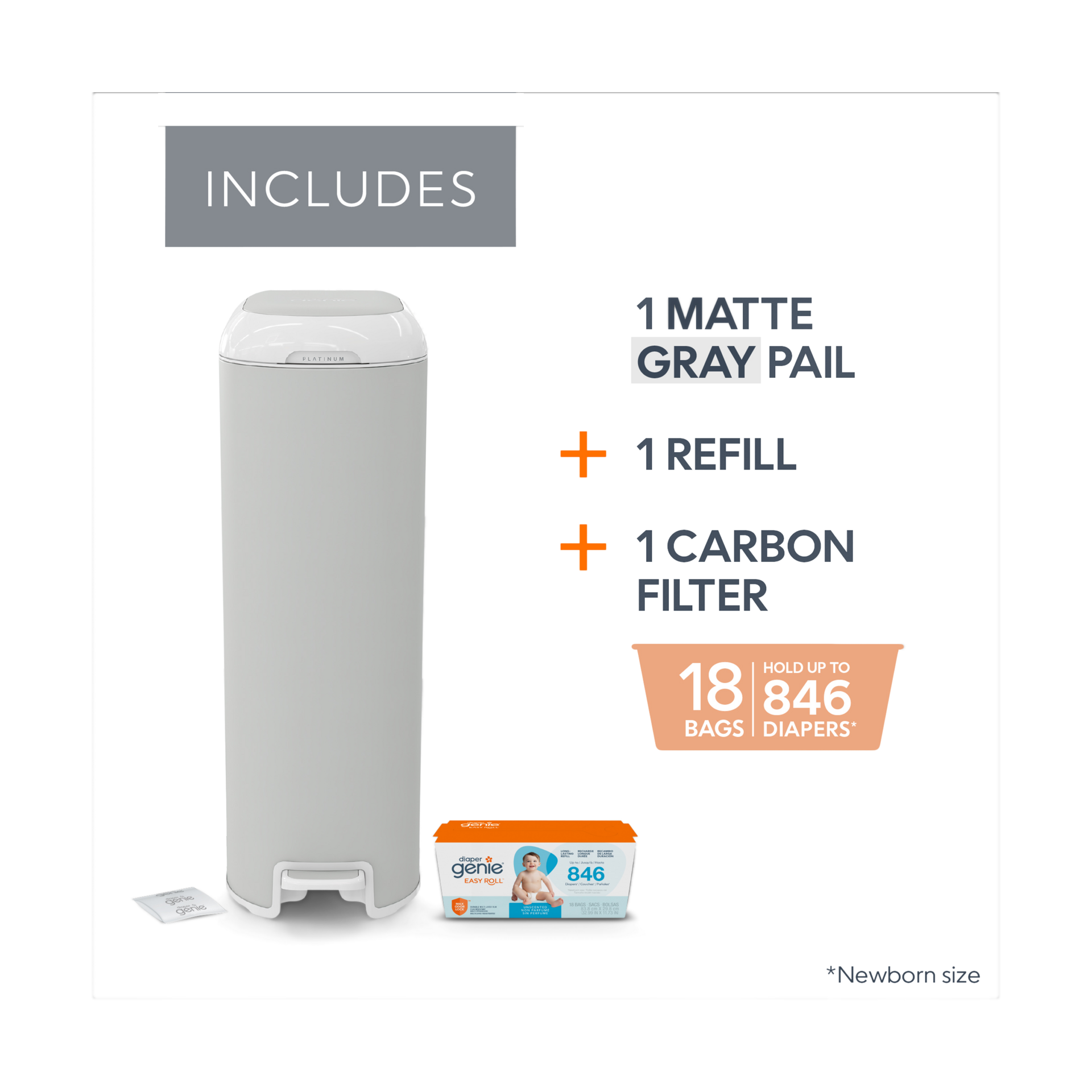 Diaper Genie Platinum Stainless Steel Diaper Pail with Easy Roll Refill Bags - Grey, Unscented.