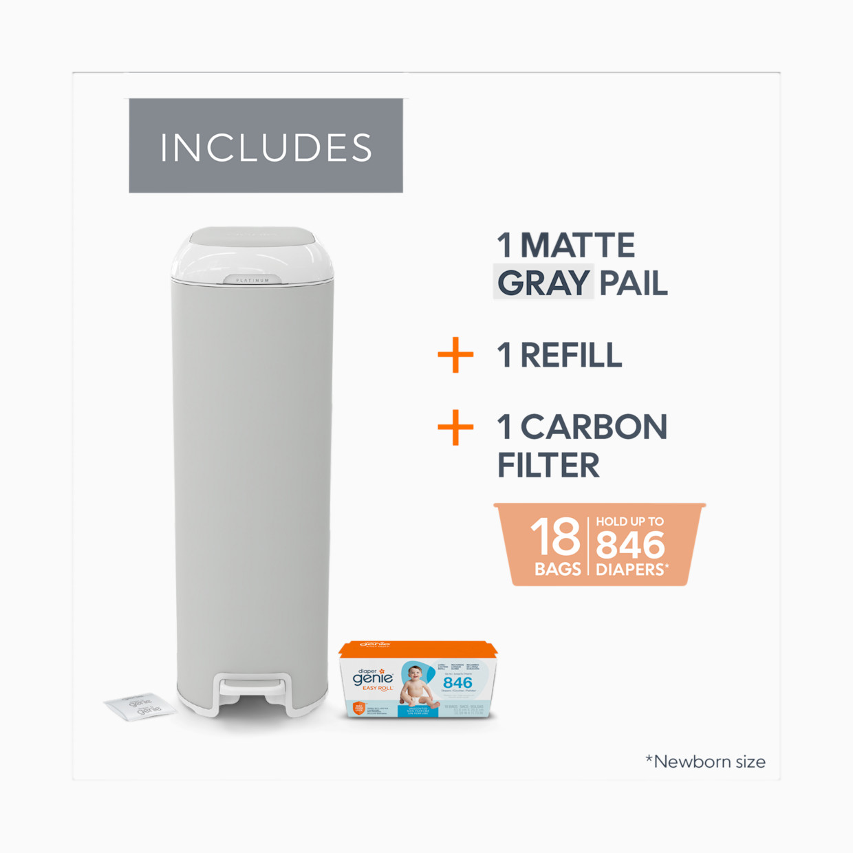Diaper Genie Platinum Stainless Steel Diaper Pail with Easy Roll Refill Bags - Grey, Unscented.