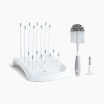 Munchkin Fold Baby Bottle Drying Rack and Bristle Bottle Brush Cleaning Essentials Set, White/Grey