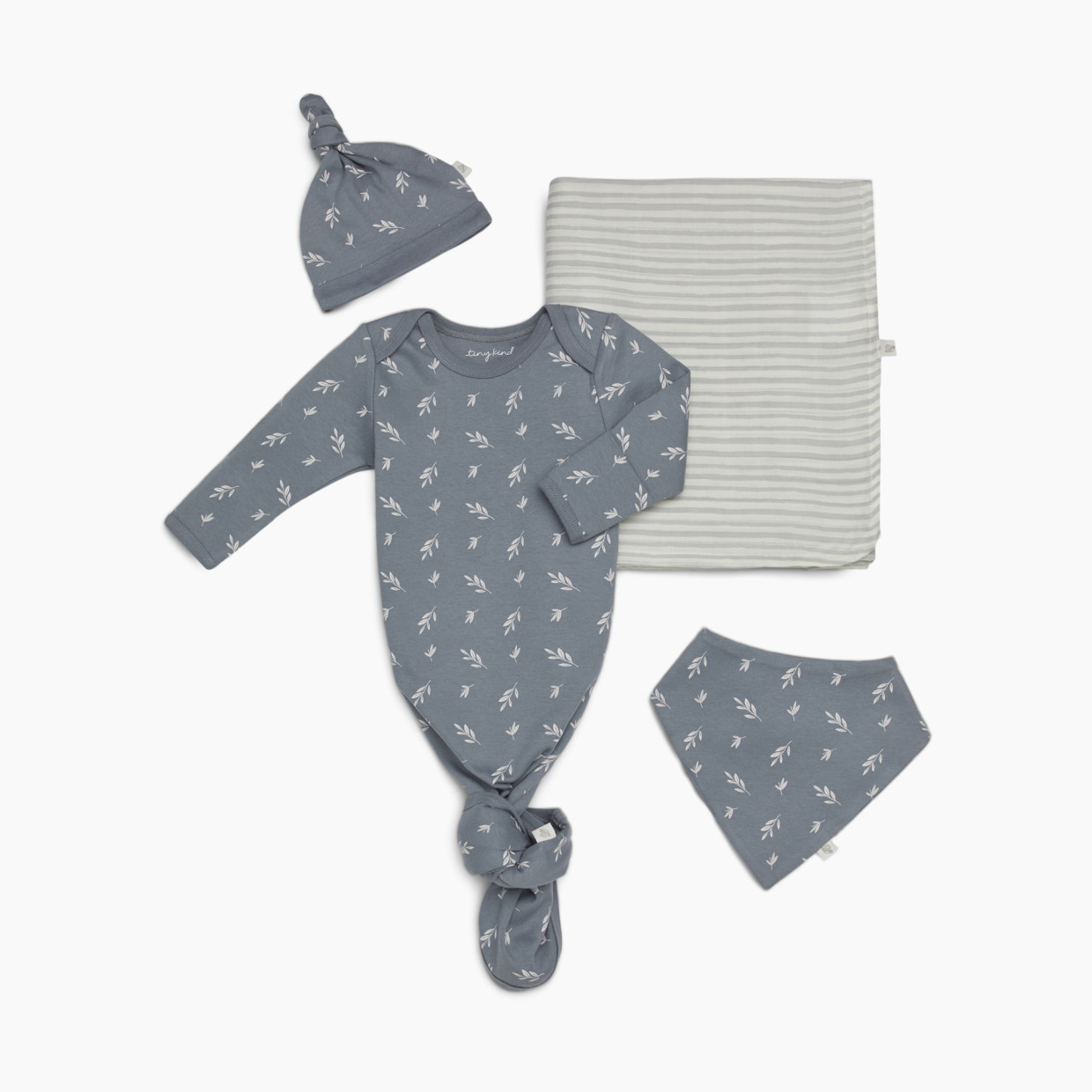 Tiny Kind The Knotted Gown 4 Piece Set - Grey Leaf, 0-3 M.