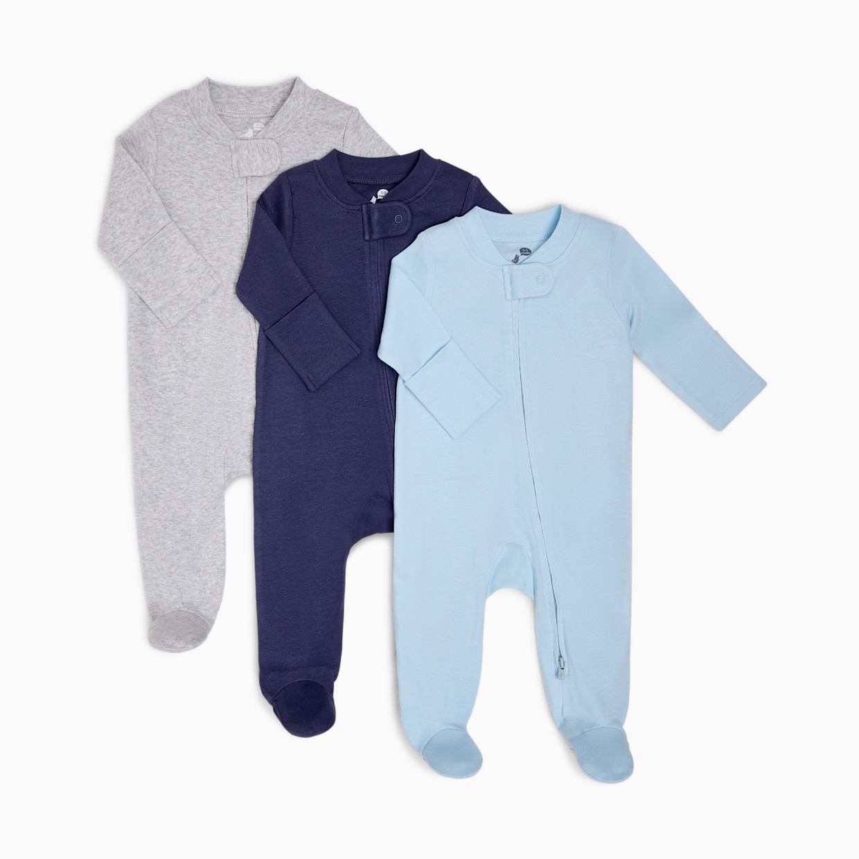 Small Story Organic Cotton Solid Zipper Footie (3 Pack) - Heather Gray, Navy, Light Blue, 0-3 M.