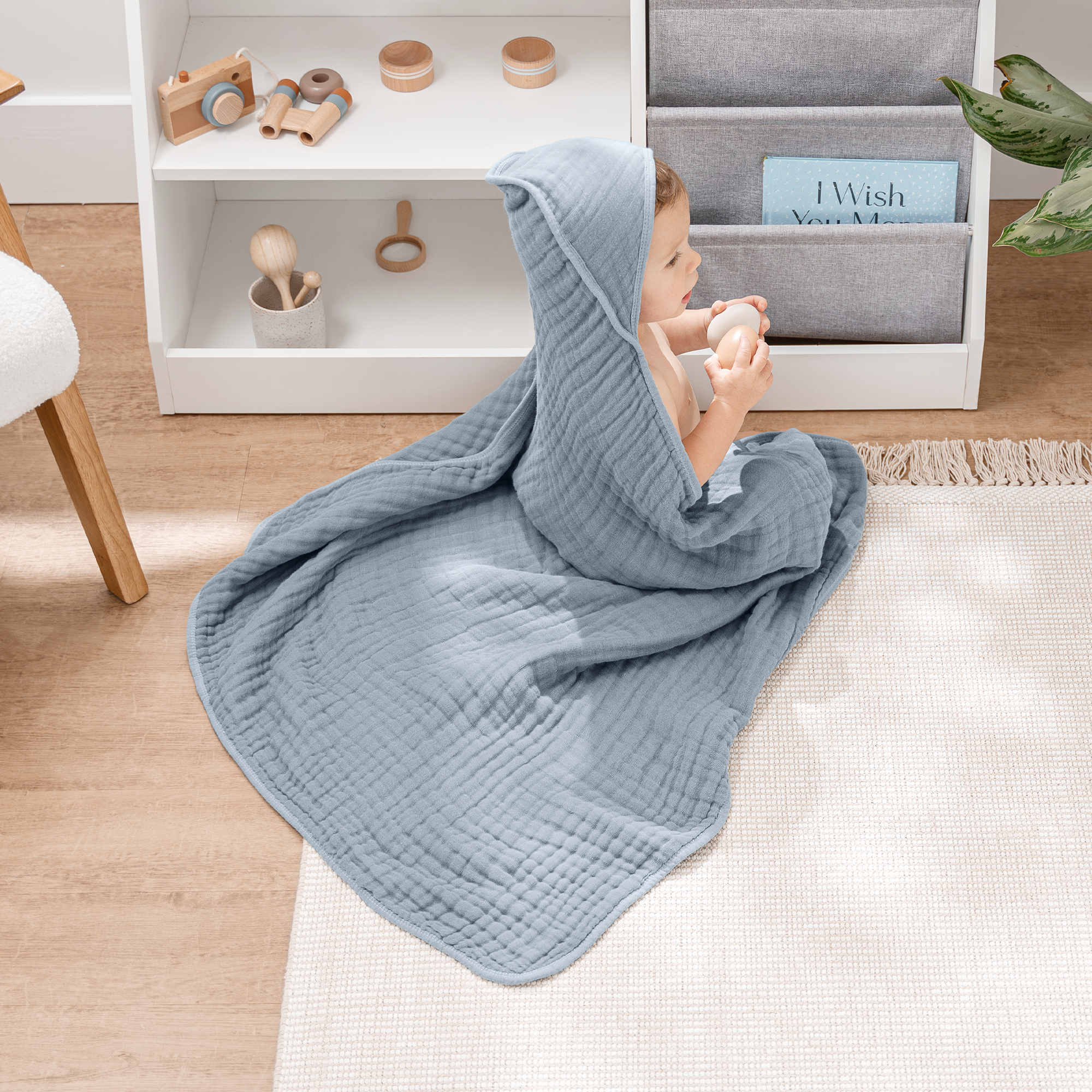 Comfy Cubs Cotton Muslin Hooded Baby Towel (2 Pack) - Pacific Blue And Fern.