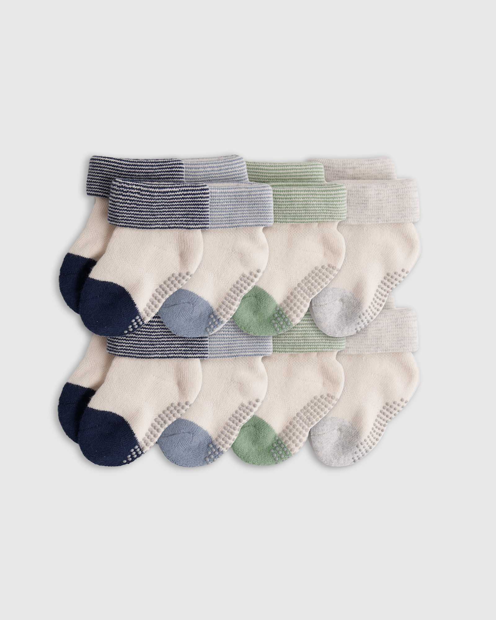 Quince Organic Gripper Fold Over Socks 8-Pack - Baby Boy in Navy/Light Blue/Green/Grey.
