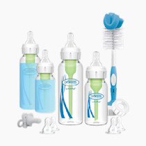Dr. Brown's Anti-Colic Options+ Narrow Glass Baby Bottle Starter Set with Silicone Bottle Sleeves, Levels 1, 2, and 3 Nipples, Soft Touch Cleaning Brush, Storage/Travel Caps, and HappyPaci
